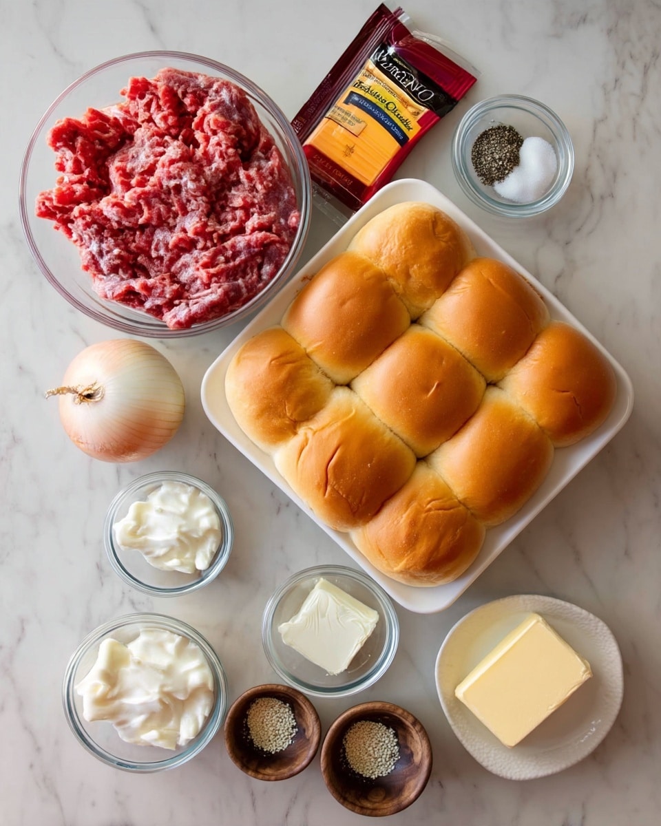 The image shows ingredients for cooking arranged neatly on a white marbled surface: a clear glass bowl filled with raw ground meat, a sliced pack of medium cheddar cheese with orange slices inside its red packaging, a white square dish holding nine soft, golden brown dinner rolls, a light brown onion, three small white dishes with black pepper, salt, and garlic powder, a small glass bowl with white sour cream, another small glass bowl with a piece of pale yellow butter, and a tiny wooden bowl with light-colored mustard seeds. Photo taken with an iphone --ar 4:5 --v 7