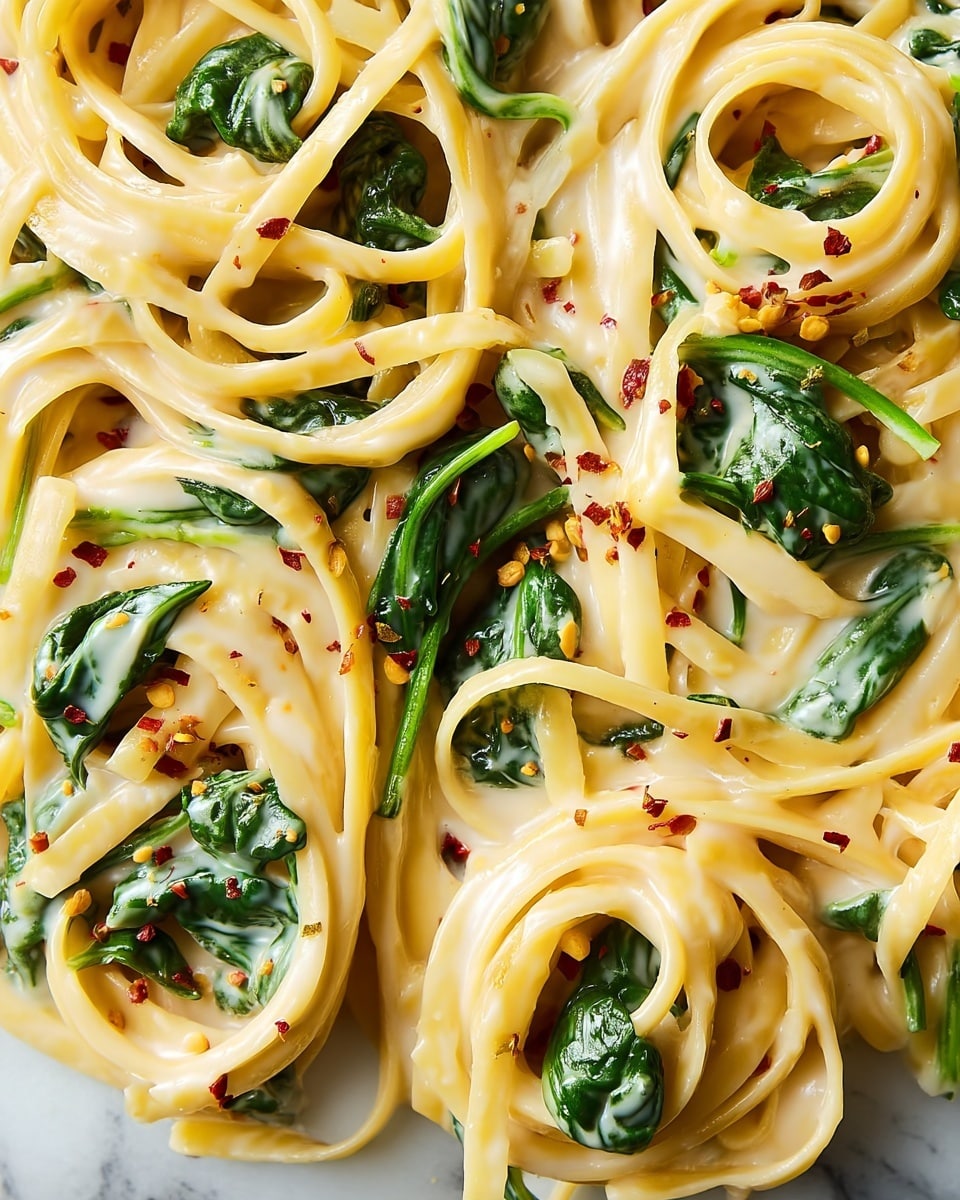 A close-up of creamy pasta with three layers: the bottom layer is thick, flat noodles in a pale yellow color, the middle layer shows vibrant green spinach leaves mixed throughout, and the top layer is covered in a smooth, white cream sauce with small red chili flakes sprinkled over for contrast. A gold-colored fork twisting some pasta is on the right side of the dish, all served in a white speckled bowl on a white marbled surface. photo taken with an iphone --ar 4:5 --v 7