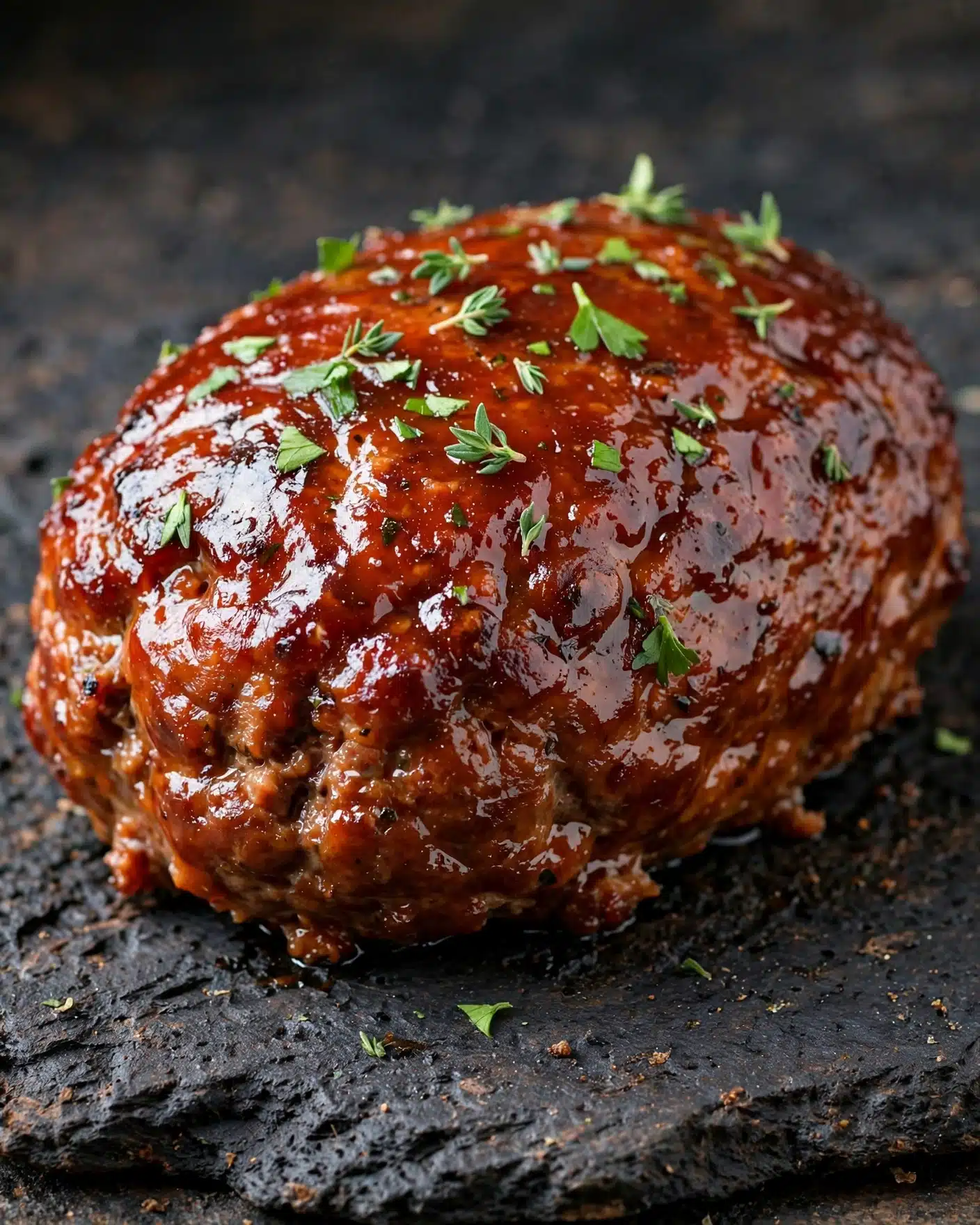 A single oval-shaped meatloaf with a shiny, rich reddish-brown glaze covers the entire surface. Small pieces of green herbs are sprinkled on top, adding a contrast of color. The meatloaf sits directly on a dark, rustic textured surface. The overall look is moist and well-cooked with a slightly rough glaze texture. Photo taken with an iphone --ar 4:5 --v 7