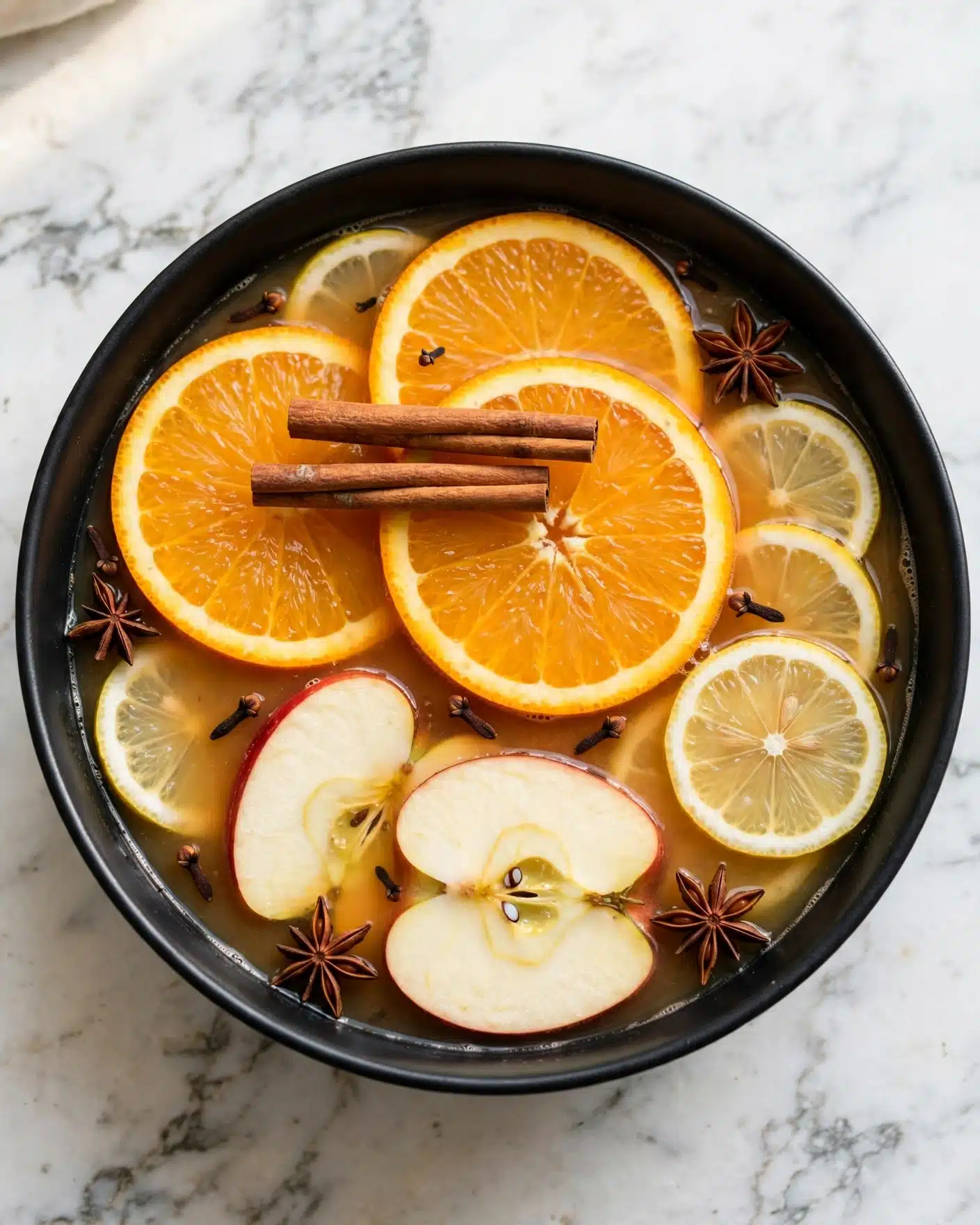 Spiced Apple Cider Recipe 4 A dark white bowl filled with a warm liquid, topped with three orange slices showing detailed segments and bright orange color, overlapping slightly near the center. There are three light beige cinnamon sticks with a rough texture arranged on top of the oranges. Two pale apple slices with red-skinned edges float nearby, along with two glossy translucent lemon slices that have light yellow rind. Whole dark brown star anise and small dark brown cloves are scattered on the surface, adding texture and depth. The bowl is placed on a white marbled surface. photo taken with an iphone --ar 4:5 --v 7