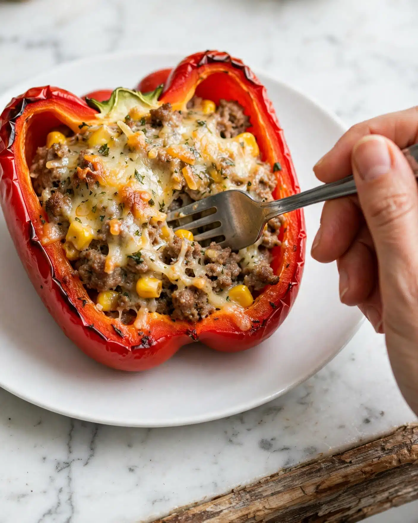 A white plate holds a stuffed red bell pepper that is sliced open to show its inside. The pepper is filled with cooked brown rice mixed with small yellow corn kernels and ground meat, all tightly packed in one layer. The top layer is melted cheese covering the rice mixture and pepper edges with a light golden color. On top of the cheese, there is a dollop of white sour cream and some green chopped herbs. The plate is on a white marbled surface, and the pepper looks juicy and fresh, with the red color bright and shiny. Photo taken with an iphone --ar 4:5 --v 7