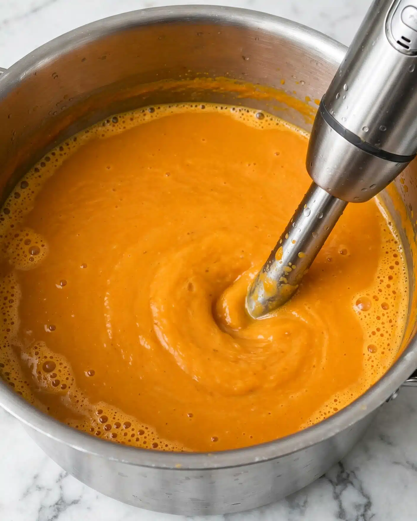 Simple Curried Butternut Squash Soup Recipe 5 A close-up view of a large silver pot filled with smooth, thick orange soup being blended by a metallic hand blender held inside it. The soup has a velvety texture with tiny bubbles on the surface near the edges of the pot. The top edge of the pot is visible, showing a clean, shiny metal finish, and the pot sits on a white marbled surface. The bright orange color of the soup contrasts with the silver pot and the white marble background, focusing on the rich creamy consistency photo taken with an iphone --ar 4:5 --v 7