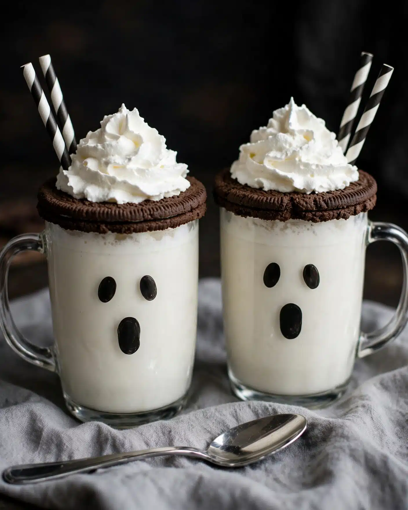 There are two clear glass mugs filled with a white creamy drink. Each mug has a dark brown cookie ring placed on top, acting like a rim, with a swirl of white whipped cream on top of the cookie. Two black and white striped straws stick out of the whipped cream in each mug. On the front of each mug, there are three black shapes creating a surprised ghost face: two small oval eyes and a larger oval mouth. The mugs are set on a soft gray cloth, with a shiny metal spoon resting in the foreground. The background is dark, contrasting with the bright drinks. Photo taken with an iphone --ar 4:5 --v 7