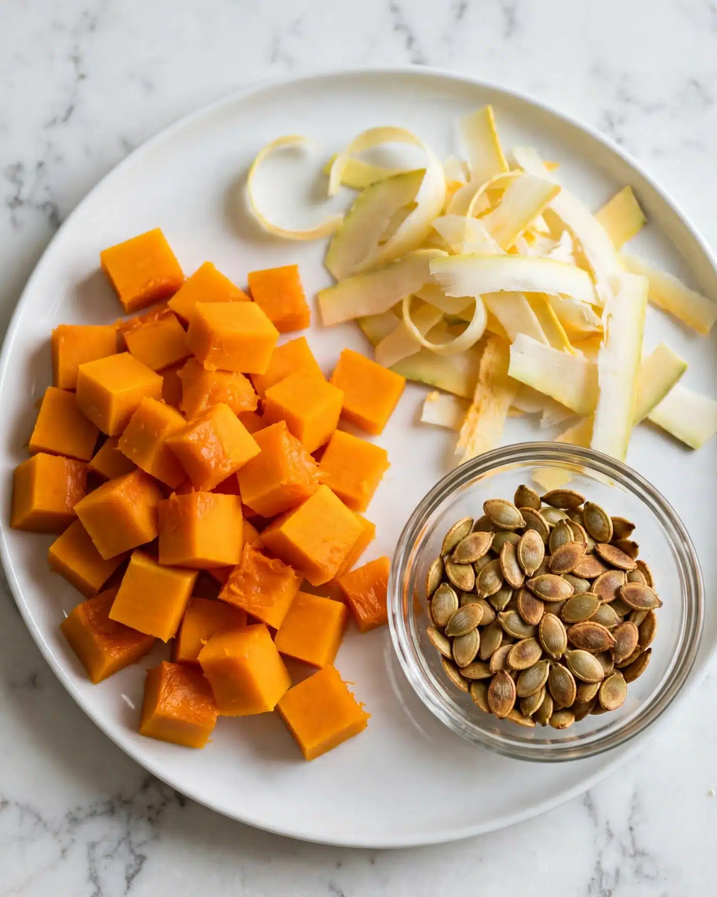 Simple Curried Butternut Squash Soup Recipe 4 A close-up of a meal showing three parts in a white plate on a white marbled surface: on the left, many bright orange cubes of peeled pumpkin piled together, in the top right, light yellow and white thin slices of pumpkin skin scattered loosely, and in the bottom right, a small clear glass bowl filled with toasted pumpkin seeds, all under soft light, photo taken with an iphone --ar 4:5 --v 7