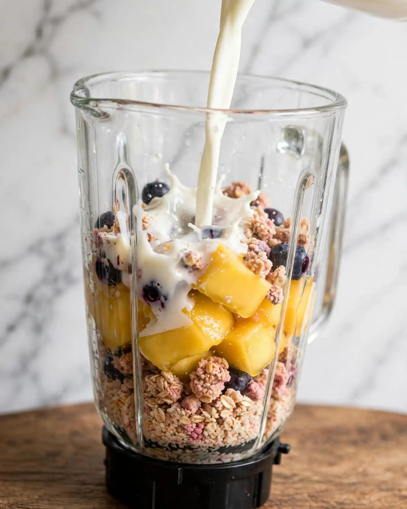 The image shows a clear blender jar filled with different layers of ingredients. The bottom layer is a mix of light beige and pink bits with a grainy texture, followed by chunks of bright yellow fruit with a soft, juicy look. Scattered throughout are small, dark purple pieces that add contrast. The blender is set on a wooden surface, with a white marbled background behind it. A white creamy liquid is being poured into the jar from above. photo taken with an iphone --ar 4:5 --v 7