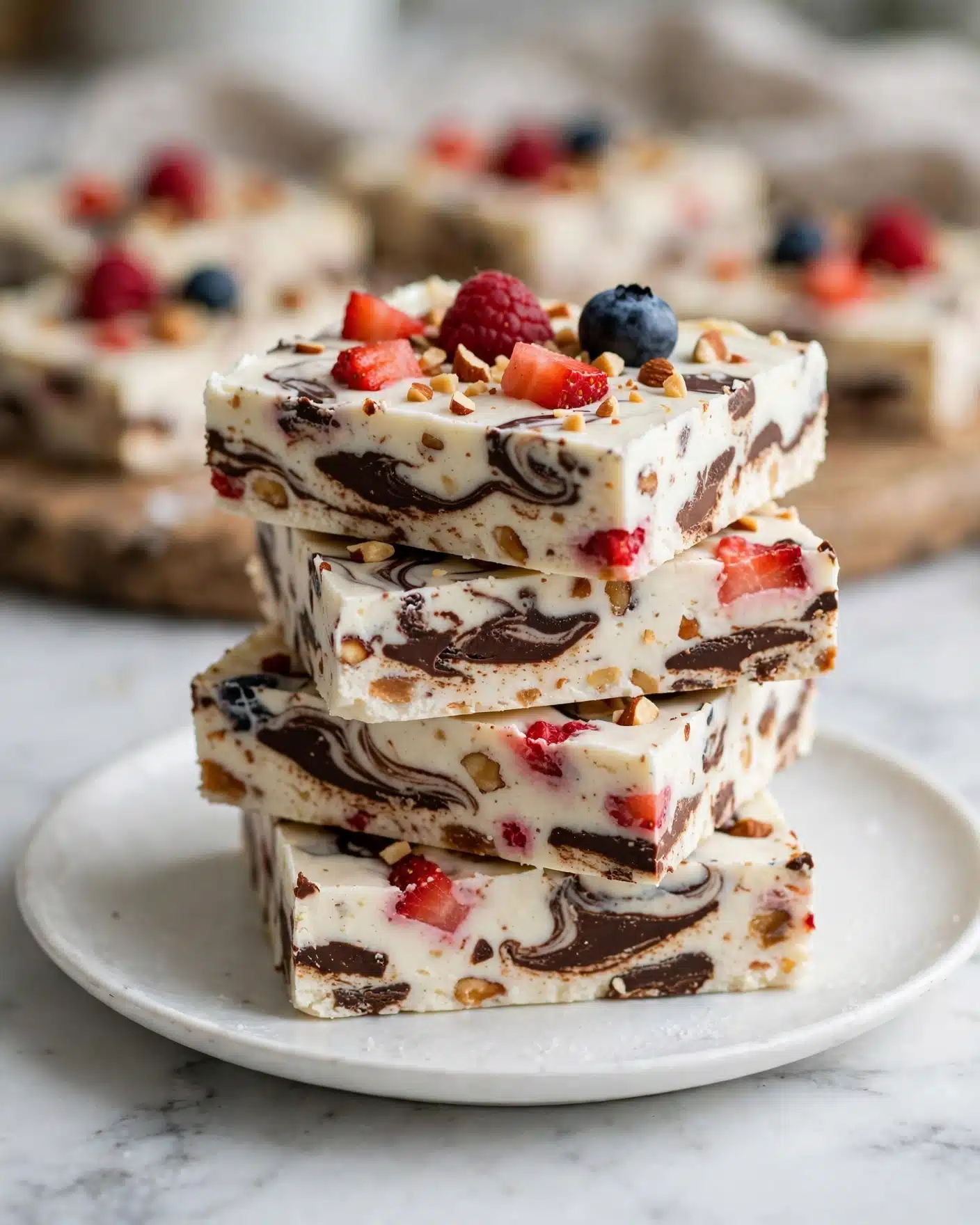 Frozen Yogurt Bark with Honey, Berries, and Dark Chocolate Recipe 5 The image shows a round woven placemat with a wooden board on top, holding several square pieces of white frozen dessert with dark chocolate swirls mixed in. The dessert pieces are topped with scattered raspberries, blueberries, strawberries, and small pieces of pecans, adding red, blue, and brown colors on the white dessert base. Around the board on the white marbled surface, there are some extra berries and pecans scattered loosely. A pink cloth is partially visible in the bottom left corner, with a white bowl filled with raspberries and strawberries on the upper left side. Another white bowl with blueberries is seen at the top edge. The photo taken with an iphone --ar 4:5 --v 7