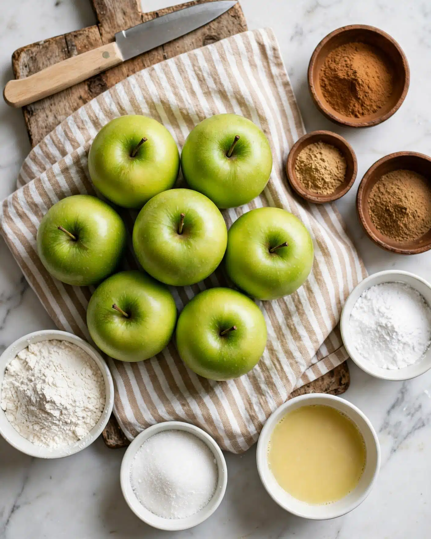 The image shows six bright green apples placed in the center on a soft beige and white striped cloth over a rustic wooden board. Around the apples are small white bowls with cooking ingredients including white flour, white sugar, a light yellow liquid, and a white powder, along with small brown wooden bowls containing various fine spices in shades of light brown and cinnamon. A knife with a light wooden handle rests on the top left corner of the wooden board. The whole setup is on a white marbled surface. photo taken with an iphone --ar 4:5 --v 7