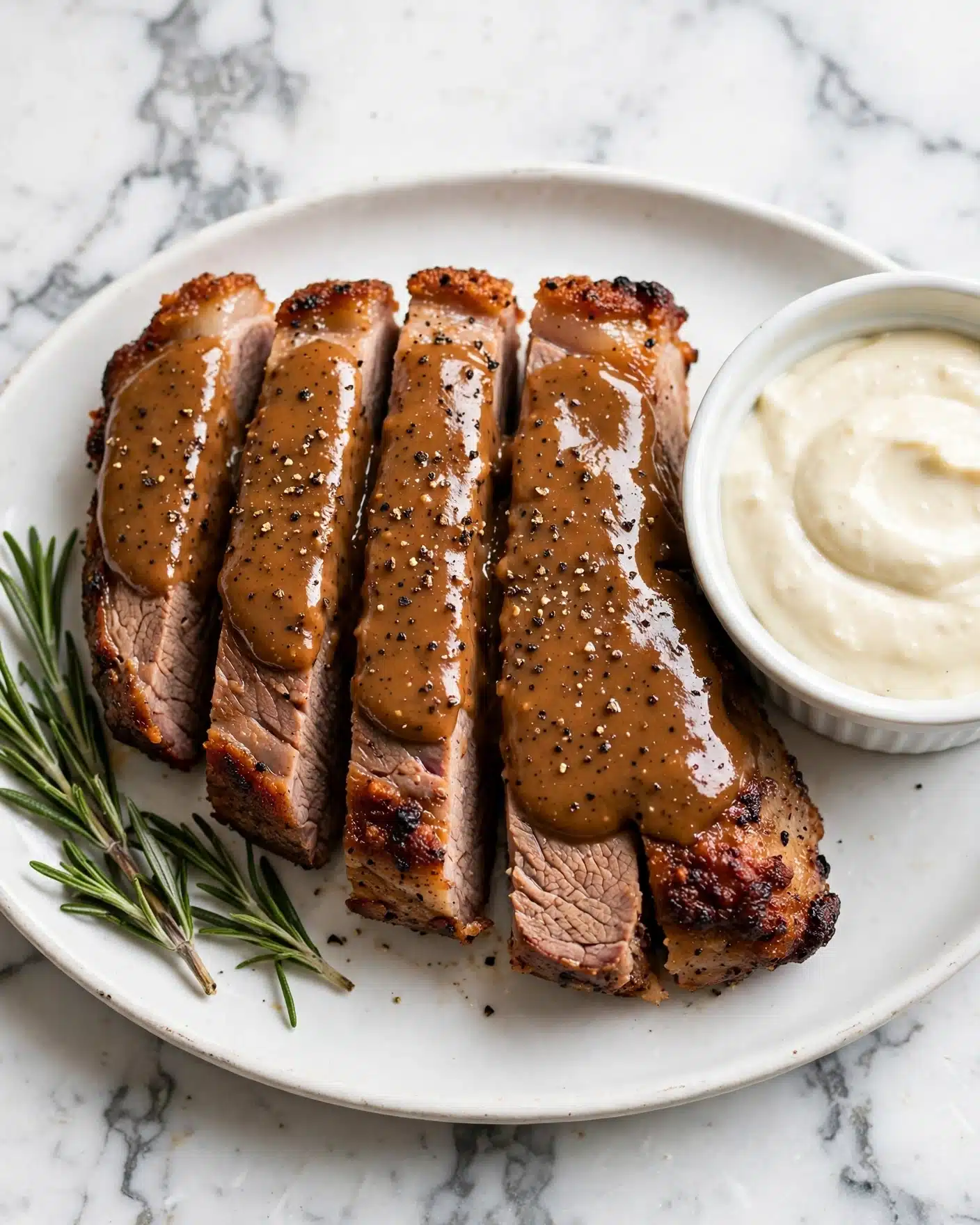 Juicy Oven Roasted Turkey Breast with Brown Sugar and Butter Recipe 5 The image shows several thick slices of juicy roasted meat with a crispy golden-brown crust and a shiny, smooth sauce on top, speckled with black pepper. The slices are arranged neatly in a row on a white plate, with a few sprigs of fresh green rosemary placed beside them. On the right side of the plate is a small white bowl filled with a rich, creamy sauce. The background is a white marbled texture. photo taken with an iphone --ar 4:5 --v 7