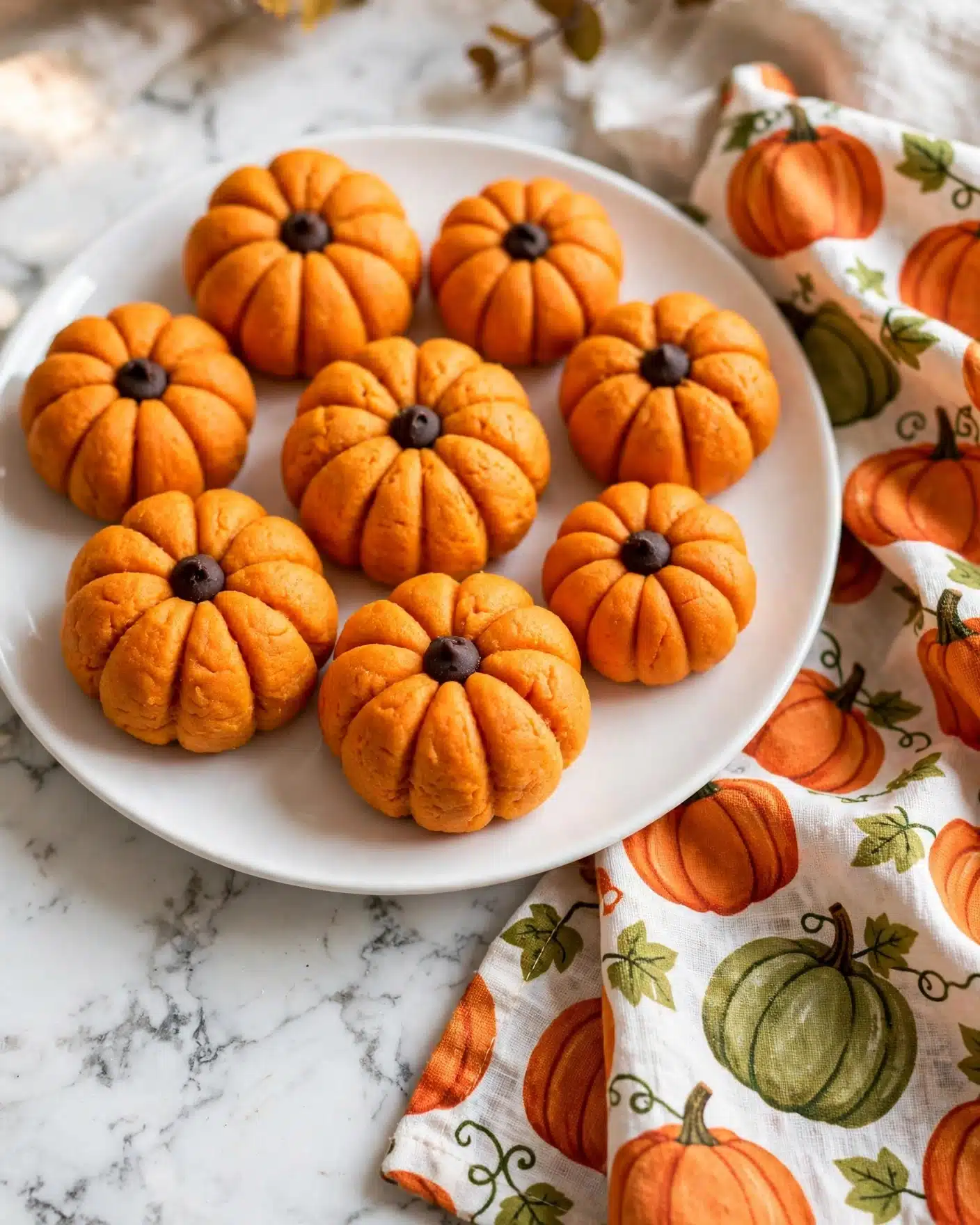 Pumpkin Protein Balls (Dairy-Free) Recipe 5 A white plate filled with small pumpkin-shaped treats, each with ridged orange bodies and a smooth texture, topped in the center with a single dark chocolate chip. The treats look soft and slightly rough, resembling mini pumpkins in color and shape. The plate is placed on a white marbled surface next to an autumn-themed cloth with orange and green pumpkin designs. The overall look is cozy and festive, with warm orange and white colors. Photo taken with an iphone --ar 4:5 --v 7