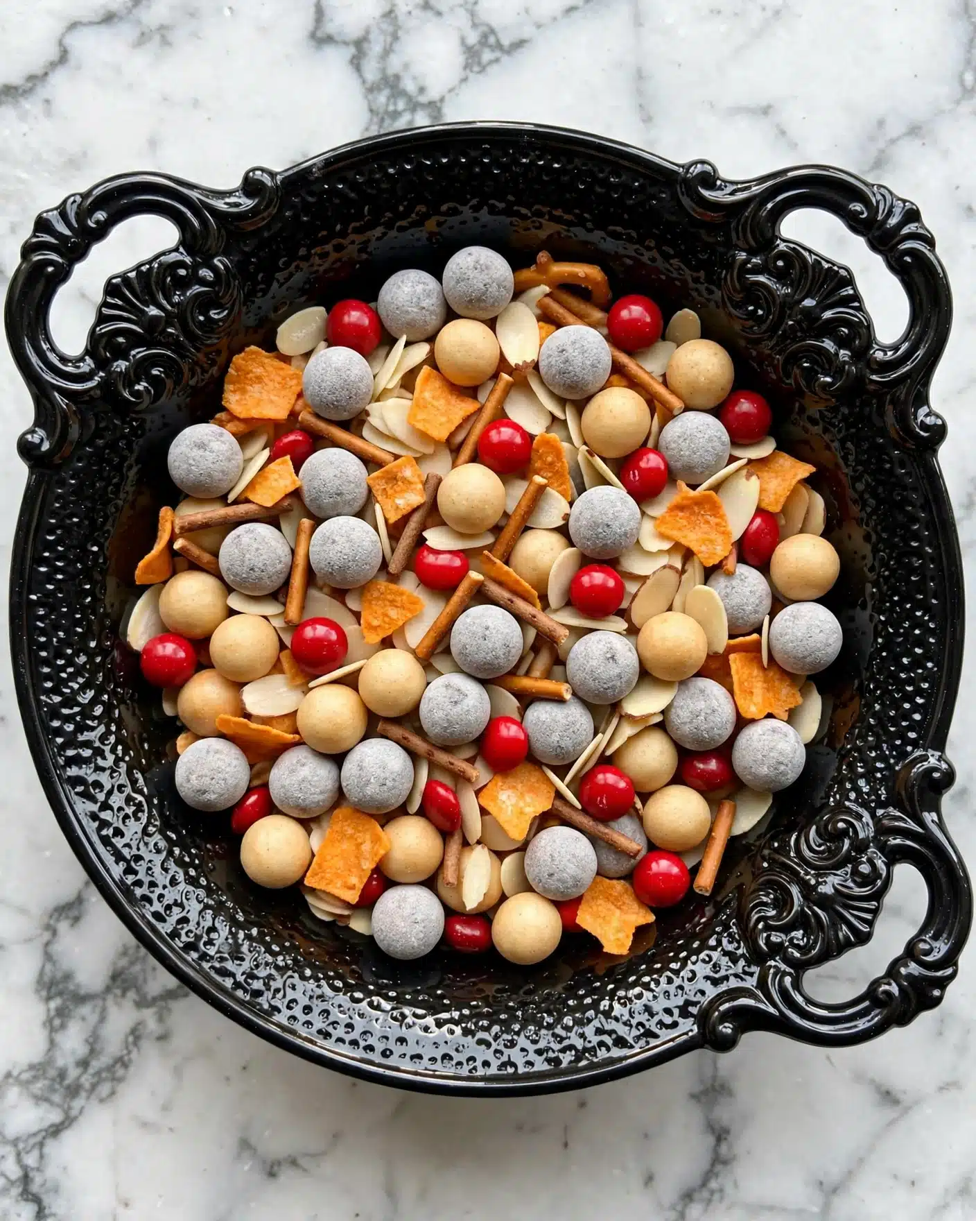 Werewolf Kibble Recipe 5 A close-up view of a snack mix in a dark metal bowl shaped like bones, filled with multiple layers of small, round, grayish-purple balls dusted with powder, bright red round candies, light tan sliced almonds, light brown chip-like pieces, and thin brown stick pretzels scattered throughout. The textures vary from smooth and shiny red candies to rougher dusty balls and crisp chips mixed evenly. The bowl sits on a white marbled surface, creating a strong contrast with the colorful snack mix inside. Photo taken with an iphone --ar 4:5 --v 7