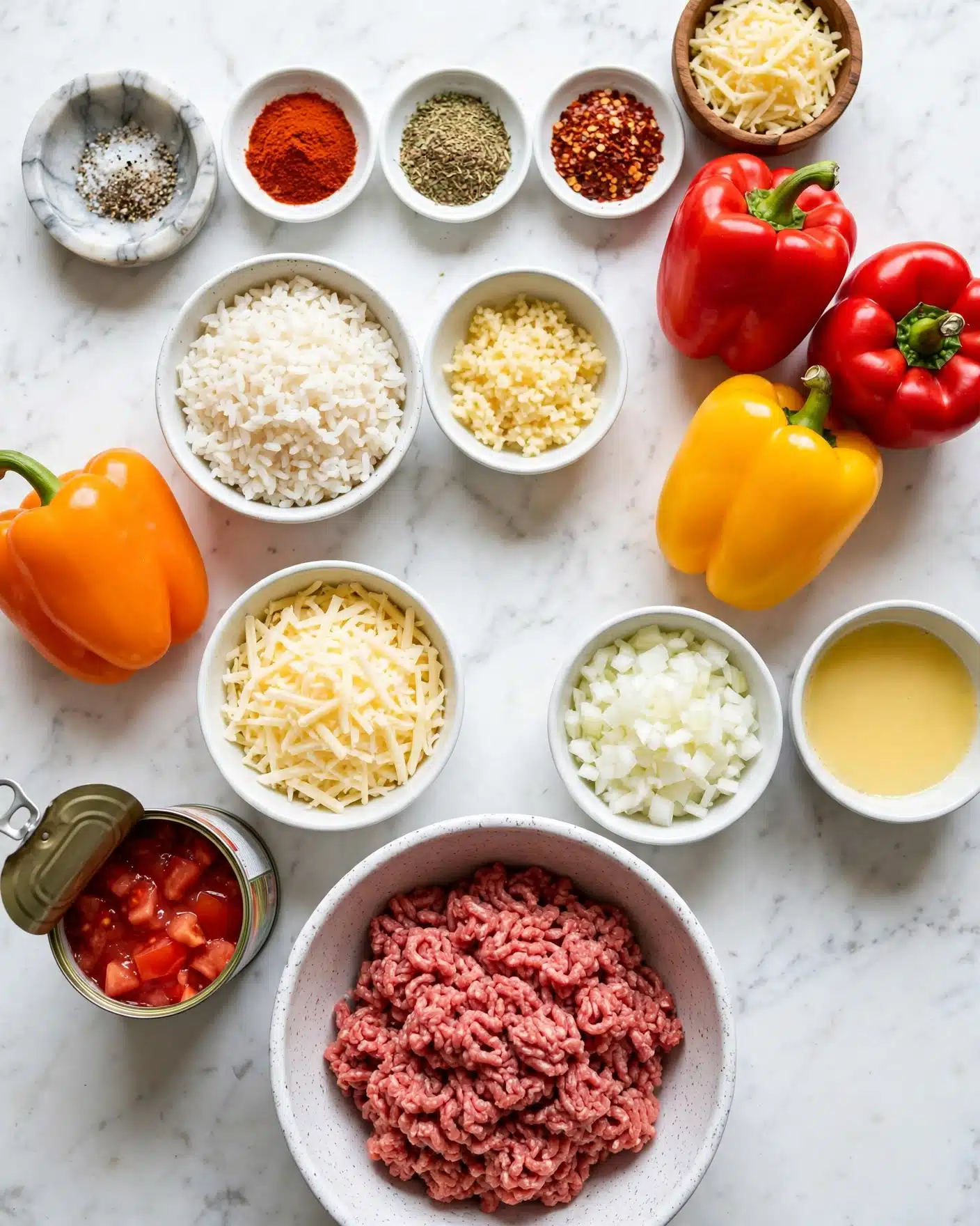 Delicious Stuffed Peppers Recipe 4 The image shows ingredients arranged neatly on a white marbled surface. At the center bottom is a white speckled bowl with raw ground meat. Surrounding it are four whole bell peppers: one orange on the left, two red on the top right, and one yellow below the red ones. To the left of the meat is a white bowl with shredded cheese, and below this bowl is an open can with chopped tomatoes inside. On the right side, there is a white bowl filled with chopped onions at the bottom, next to it is a white bowl with a light yellow liquid, and slightly above are two small white bowls with cooked rice and grated garlic. At the top are small white dishes with various spices: salt and pepper in a small marble bowl, red chili powder, dried herbs, and red chili flakes. There is also a small wooden bowl with shredded cheese. The arrangement is neat and colorful. photo taken with an iphone --ar 4:5 --v 7