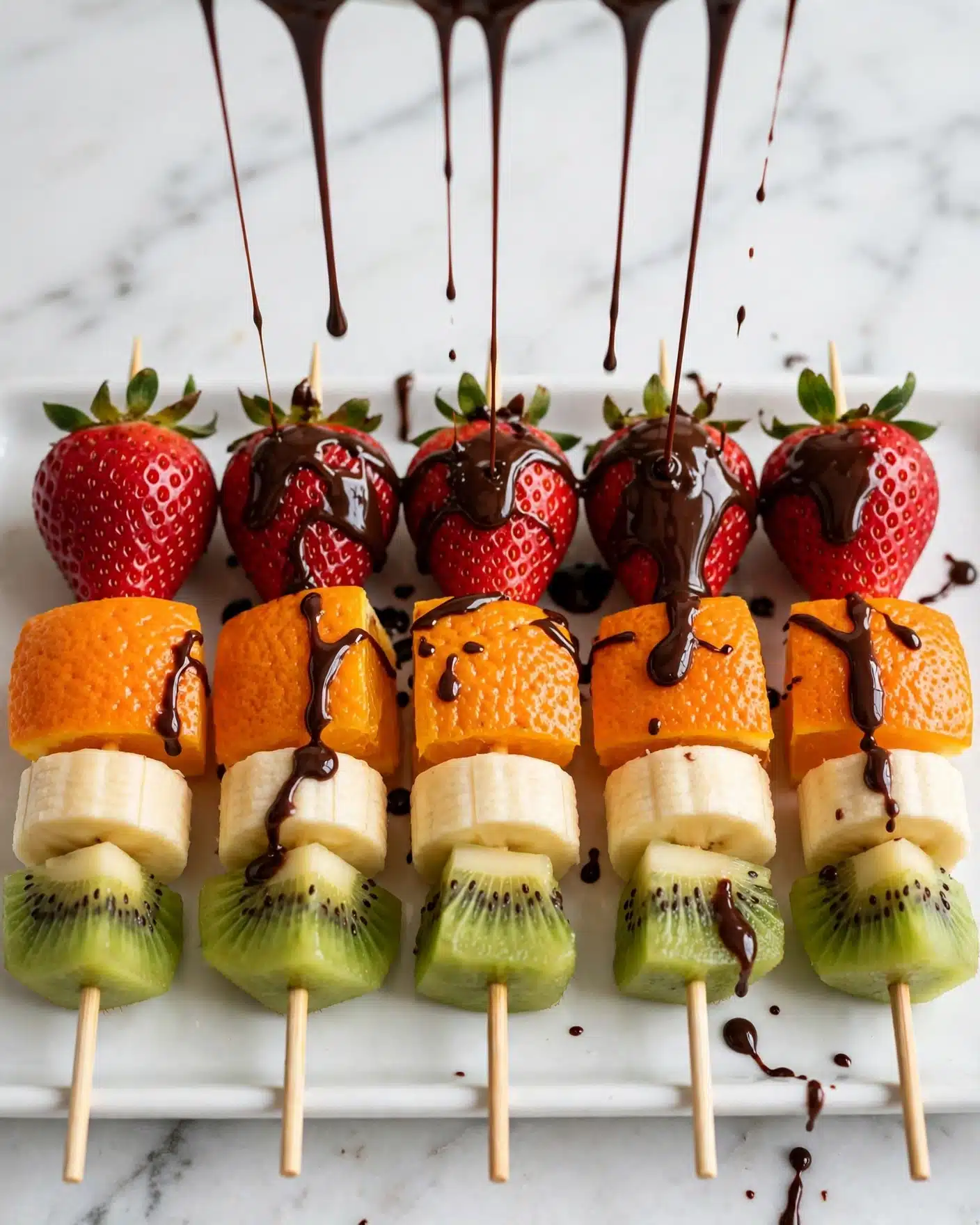 Rainbow Fruit Skewers with Dark Chocolate Drizzle Recipe 5 Several fruit skewers lay side by side on a white tray with a white marbled background. Each skewer has four layers: a green kiwi piece with black seeds and soft texture at the bottom, followed by a light yellow banana slice with a smooth texture, then a bright orange chunk of fruit with a bumpy surface, and finally a red strawberry with small seeds and shiny skin at the top. Dark chocolate sauce is being poured from above, dripping in thin streams onto the fruit, creating a glossy contrast. Photo taken with an iphone --ar 4:5 --v 7