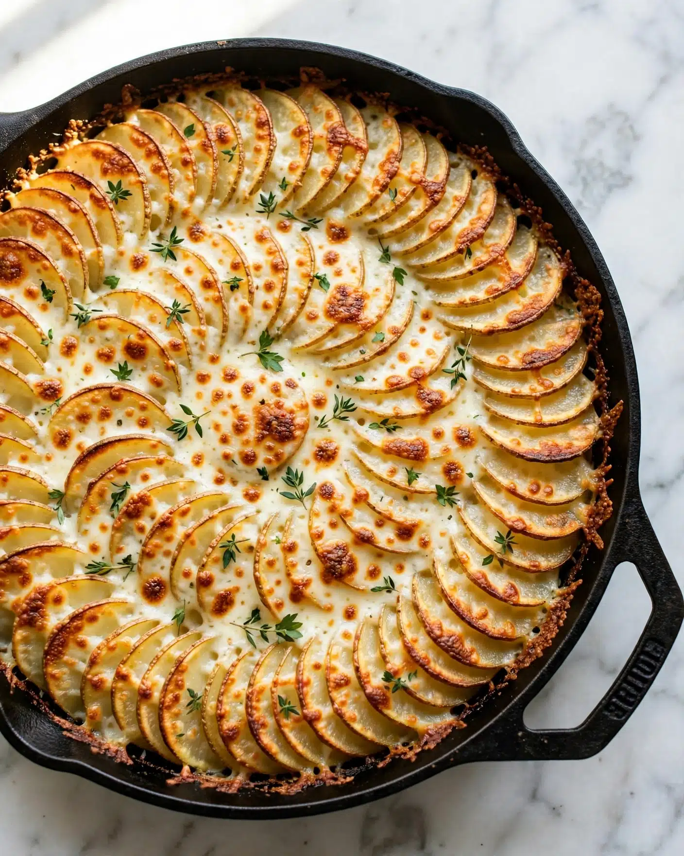 Crispy Parmesan and Gruyere Potato Gratin Recipe 5 A close-up view of a round black pan filled with creamy potato gratin. The top layer shows thinly sliced potatoes arranged in overlapping rows, each slice pale yellow with a golden brown crust on the edges. The surface of the gratin is slightly bubbly and sprinkled with small green herb leaves. A shiny silver spoon is scooping out a portion, showing a soft, smooth, white creamy layer underneath the potato slices. The pan is set on a white marbled surface with a soft beige cloth in the background. photo taken with an iphone --ar 4:5 --v 7