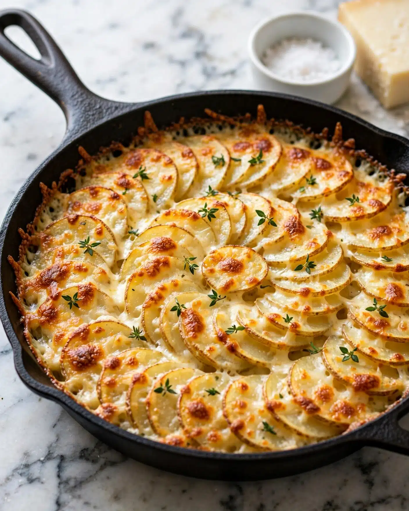 Crispy Parmesan and Gruyere Potato Gratin Recipe 4 The dish is a layered potato gratin presented in a black cast iron skillet. It has thinly sliced potato layers arranged in a circular pattern, covering the entire surface. The top layer is golden brown with a melted cheese texture that is bubbly and slightly crispy at the edges. Small green herb leaves are sprinkled across the top for garnish. The skillet sits on a white marbled surface, and in the background, there is a small white bowl of coarse salt and a light-colored block of cheese. The photo is taken close-up, highlighting the rich, creamy texture and golden crust of the dish photo taken with an iphone --ar 4:5 --v 7