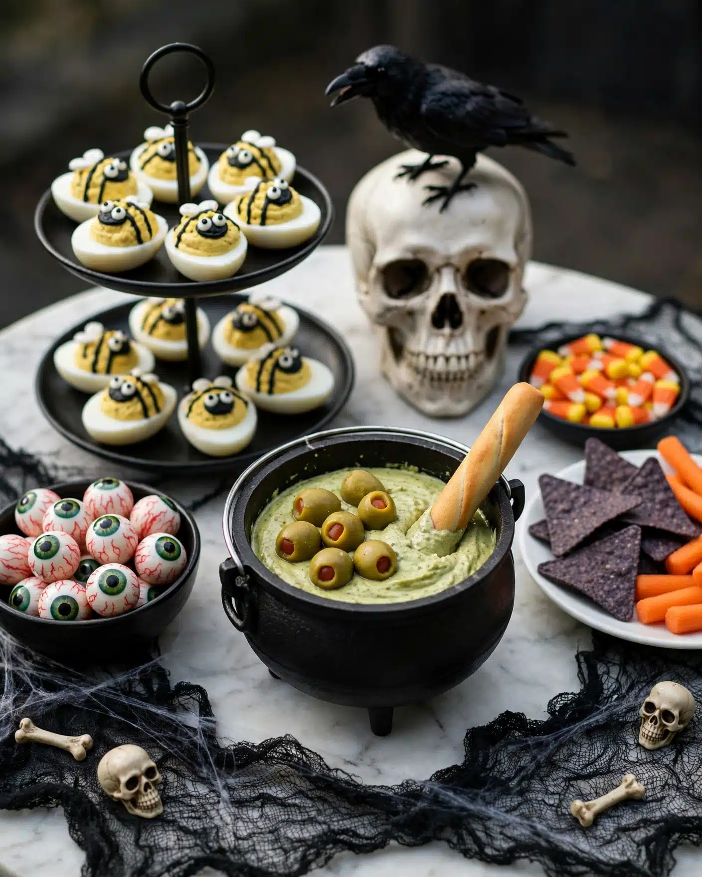 Guacamole Witch Recipe 5 A small black cauldron with a handle is filled with green dip topped with whole green olives, some with red pimentos inside, and a single breadstick sticks out from the dip. To the left of the cauldron is a black bowl filled with shiny white eyeball-shaped candies, each with a green iris and red veins. Behind the cauldron, there is a two-tiered black stand holding deviled eggs decorated with yellow and black bumblebee faces with white eyes. In the background, there is a white skull with dark eye sockets and a black crow perched on top of it. To the right, there is a black dish filled with orange, yellow, and white candy corn, and next to it a white plate holds blue tortilla chips and orange carrot sticks. Two small beige skulls sit on the black cobweb-like cloth that covers a white marbled surface, with the whole setting giving a spooky Halloween vibe. photo taken with an iphone --ar 4:5 --v 7