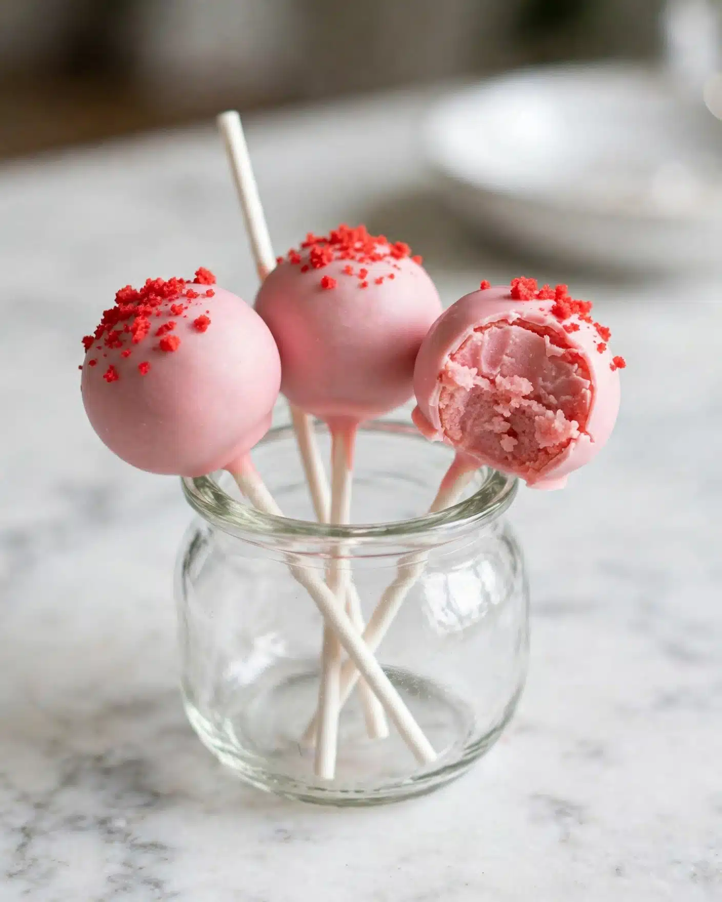 Strawberry Cake Pops Recipe 5 Three pink cake pops are shown inside a small clear glass jar with white sticks. Each pop is round and covered in a smooth pink coating, with bright red crumb sprinkles on top. One cake pop is bitten, revealing a moist, dense pink cake inside. The background is a white marbled surface, and there is a blurred white dish in the background. photo taken with an iphone --ar 4:5 --v 7