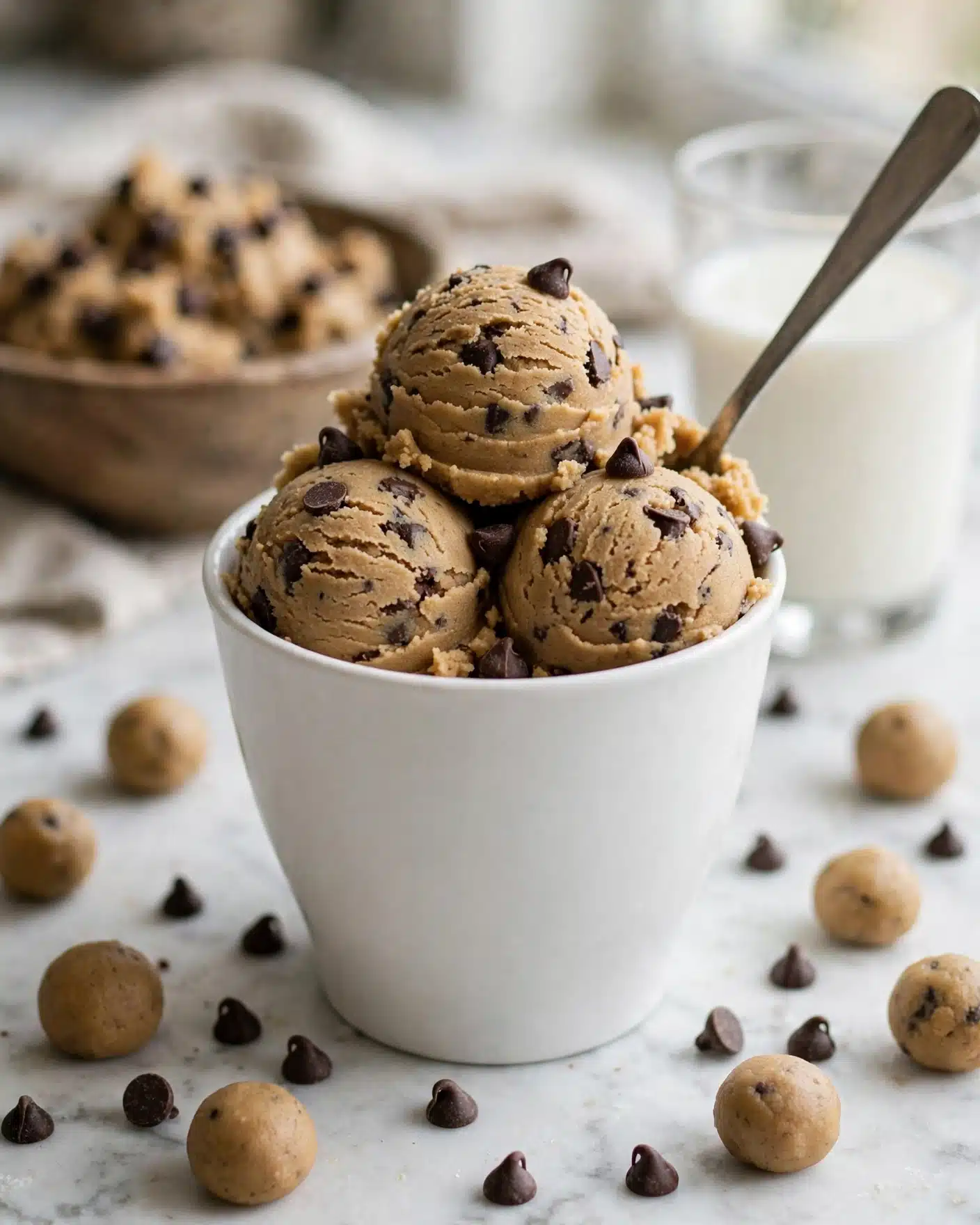 Edible Cookie Dough Recipe 5 A white cup is filled with three large scoops of light brown cookie dough mixed with small dark chocolate chips, with more chocolate chips scattered on top and around the cup. The dough has a smooth yet chunky texture with bits of chocolate visible through it. Around the cup, there are small dough balls and chocolate chips spread on a white marbled surface. A silver spoon is partly inserted into the dough at the top right. In the background, there is a bowl filled with more cookie dough and a glass of milk. photo taken with an iphone --ar 4:5 --v 7
