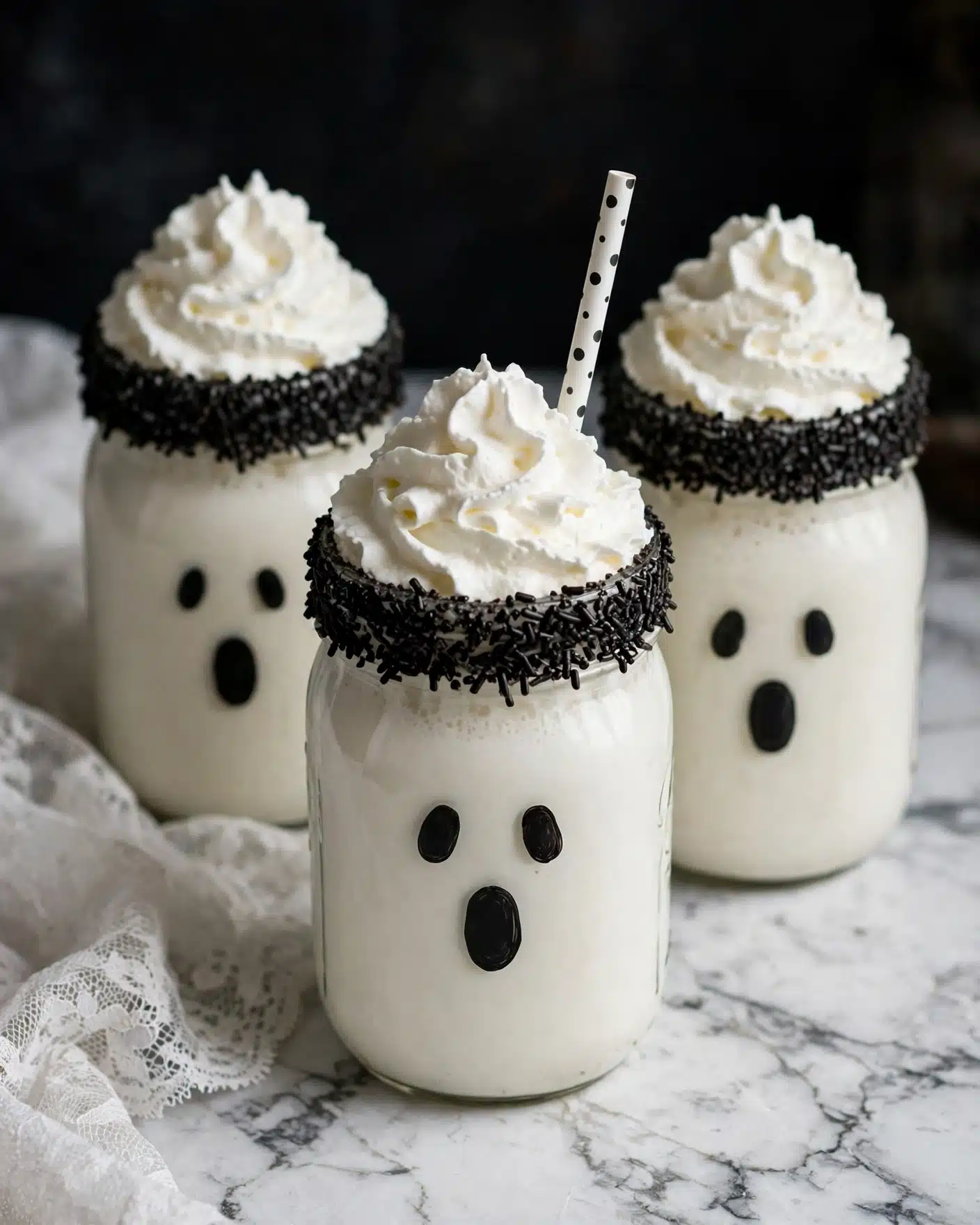 Three white jars filled with a thick white drink have a black sugar rim around the top. Each jar has two black oval shapes near the middle, looking like ghost eyes. On top of the drink is a tall swirl of white whipped cream. One jar in the front has a white straw with black dots coming out of the whipped cream. The jars sit on a white marbled surface and the background is dark, making the white jars stand out. photo taken with an iphone --ar 4:5 --v 7