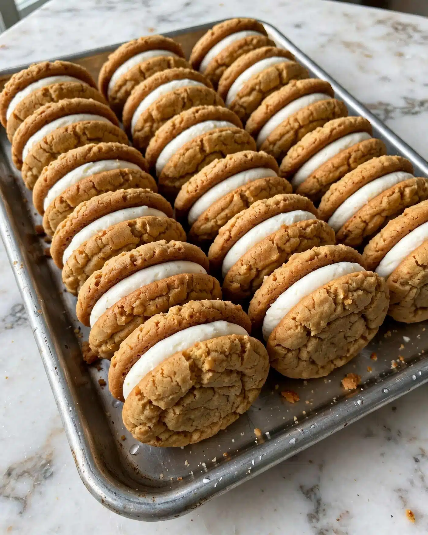 A close-up of a woman's hand holding a sandwich cookie made of two rough-textured, golden-brown oatmeal cookies with a thick layer of smooth, white cream filling in the middle. The cookie in focus has a bite taken out of it, showing the cream inside. In the background, many more sandwich cookies are lined up closely together inside a silver tray, all having the same color and texture. The surface below is a white marbled texture. Photo taken with an iphone --ar 4:5 --v 7