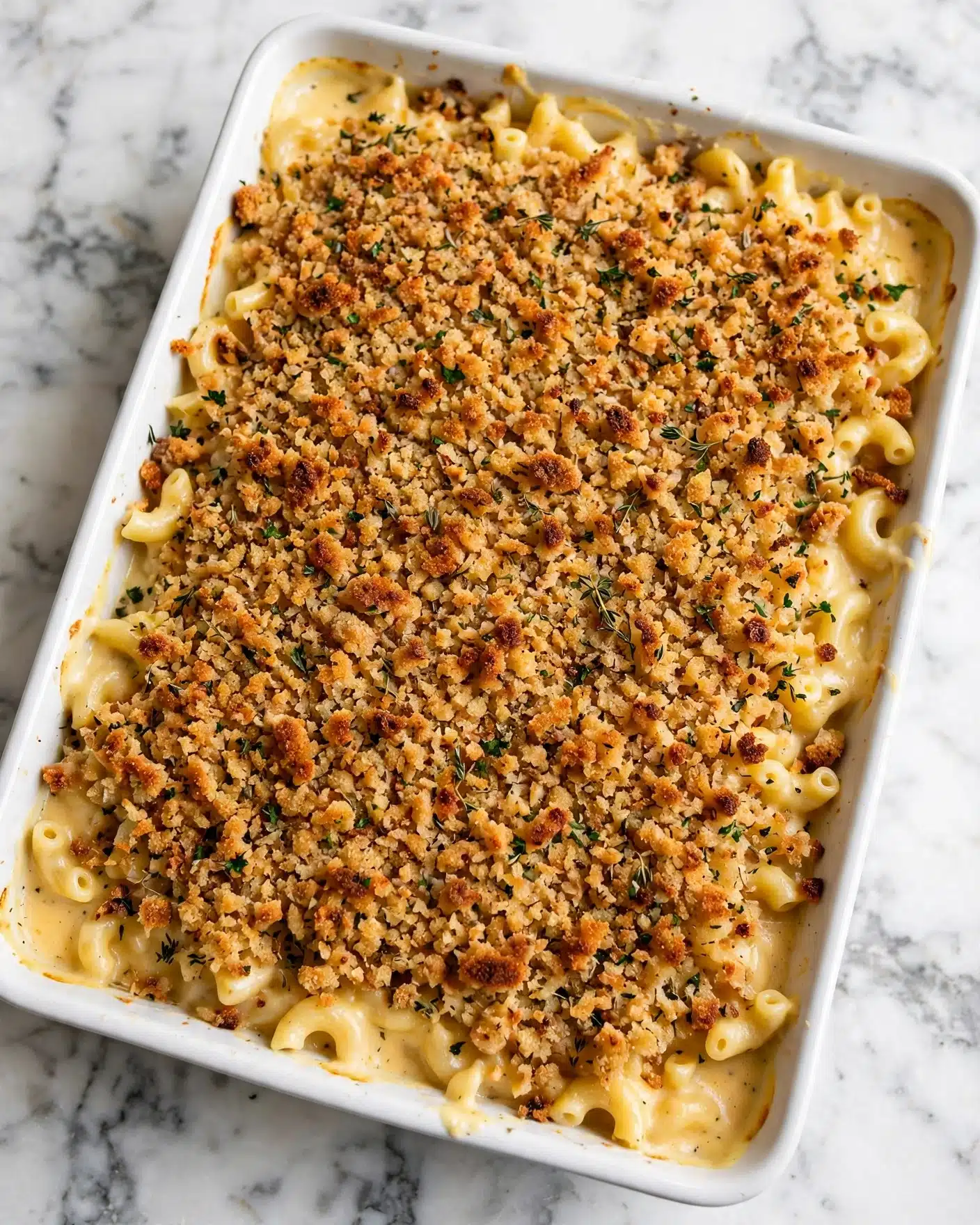 Creamy Baked Mac and Cheese with Roasted Garlic Recipe 5 A white rectangular ceramic baking dish filled with a layered macaroni and cheese casserole. The bottom layer consists of creamy macaroni pasta with a soft yellow cheese sauce visible near the edges. The top layer is a thick, uneven crust of golden brown toasted breadcrumbs mixed with herbs, giving it a textured and crunchy appearance. This crunchy topping covers the entire surface, contrasting the creamy layers beneath. The dish is placed on a white marbled surface. photo taken with an iphone --ar 4:5 --v 7