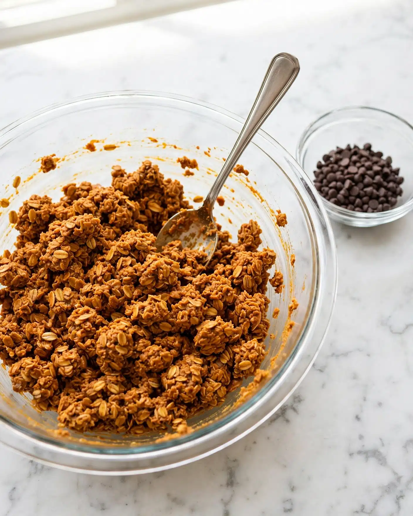 Pumpkin Protein Balls (Dairy-Free) Recipe 4 A large clear glass bowl sits on a white marbled surface, filled with a thick, textured mixture of oats coated in a deep orange-brown paste, with small clumps gathered together. A silver spoon rests inside the bowl, partially immersed in the mixture, suggesting stirring. Nearby, a small clear glass bowl holds a pile of tiny dark brown chocolate chips. The overall scene is bright and clean, focusing on the rich color and texture of the oat mixture against the smooth white marble background. photo taken with an iphone --ar 4:5 --v 7