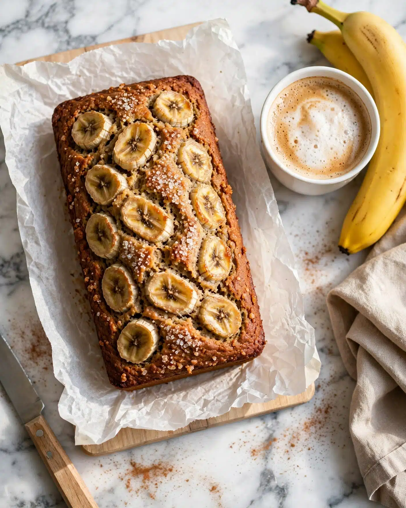Healthy Banana Bread Recipe 5 The image shows a close-up of banana bread with chocolate pieces. There is one thick slice on a white plate at the bottom and another smaller piece on the left side on a wooden board with white parchment paper. The banana bread is golden-brown with a crumbly texture and dark chocolate chunks spread throughout. Part of the loaf is visible, showing the interior full of chocolate chunks and banana slices on the crust. The background is a white marbled surface with crumbs scattered around, and a beige cloth is on the left side. photo taken with an iphone --ar 4:5 --v 7
