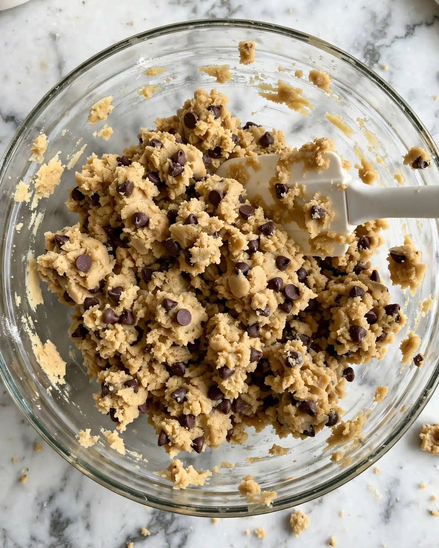 Edible Cookie Dough Recipe 4 A clear glass bowl filled with light tan cookie dough mixed generously with many small dark brown chocolate chips. A white spatula rests inside the bowl, partially covered by the chunky dough. The bowl sits on a white marbled surface, with some dough bits stuck slightly to the sides of the bowl. The texture of the dough looks soft and thick, with the small chocolate pieces scattered evenly throughout the mixture. photo taken with an iphone --ar 4:5 --v 7