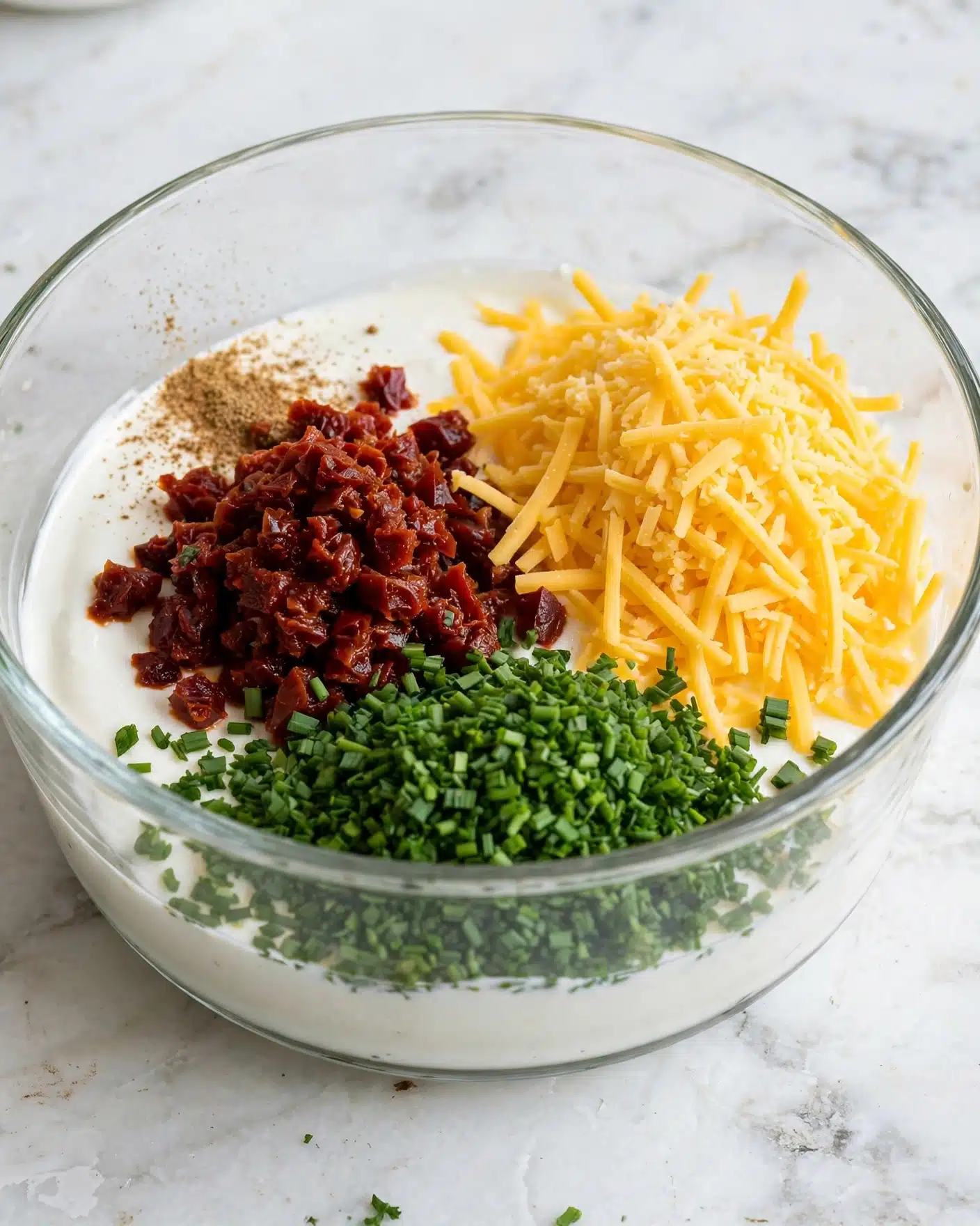 Fried Mashed Potato Balls Recipe 4 A clear glass bowl sits on a white marbled surface, filled with several distinct layers of ingredients. On one side, there is a pile of small, dark red chopped pieces. Next to it is a large mound of bright yellow shredded cheese. In front, a vibrant green layer of chopped herbs or chives is placed. The base of the bowl appears to be filled with a smooth, white mixture. There is also a sprinkling of a light brown powder on top of the white base near the red pieces. The whole scene is brightly lit, showing the fresh textures clearly. Photo taken with an iphone --ar 4:5 --v 7
