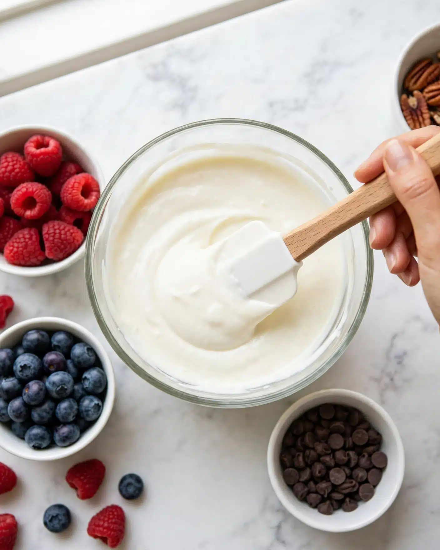 Frozen Yogurt Bark with Honey, Berries, and Dark Chocolate Recipe 4 The image shows a clear glass bowl filled with smooth, creamy white yogurt or batter. A white spatula with a wooden handle rests inside the bowl, slightly dipping into the creamy mixture, with a woman's hand holding the spatula. Around the bowl, on a white marbled surface, there are three white bowls: one with fresh red raspberries, one with fresh blueberries, and one with small dark brown chocolate chips. Part of another white bowl with some nuts or pecans is also visible in the upper right corner. The scene is bright and clean, emphasizing the fresh ingredients and creamy texture. photo taken with an iphone --ar 4:5 --v 7