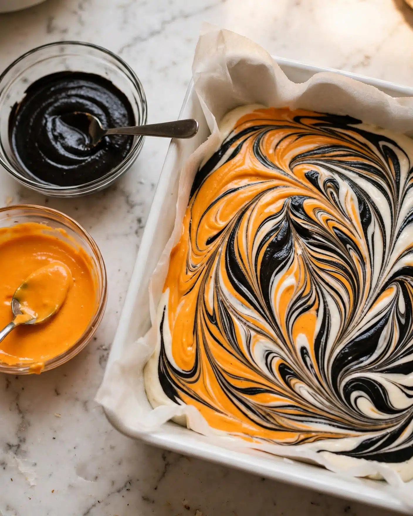 Spooky Cheesecake Bars Recipe 4 The image shows a white square baking dish lined with parchment paper filled with a smooth, creamy marbled mix of three layers swirled together: bright orange, deep black, and white. The swirls create flowing, feather-like patterns spread evenly across the top, blending the colors beautifully without clear separation. To the left of the dish, there are two transparent glass bowls on a white marbled surface; the top bowl holds smooth black batter with a spoon inside, and the bottom bowl contains bright orange batter with a spoon resting on the edge. The overall scene has warm lighting and close-up detail, highlighting the contrast of colors and textures. Photo taken with an iphone --ar 4:5 --v 7