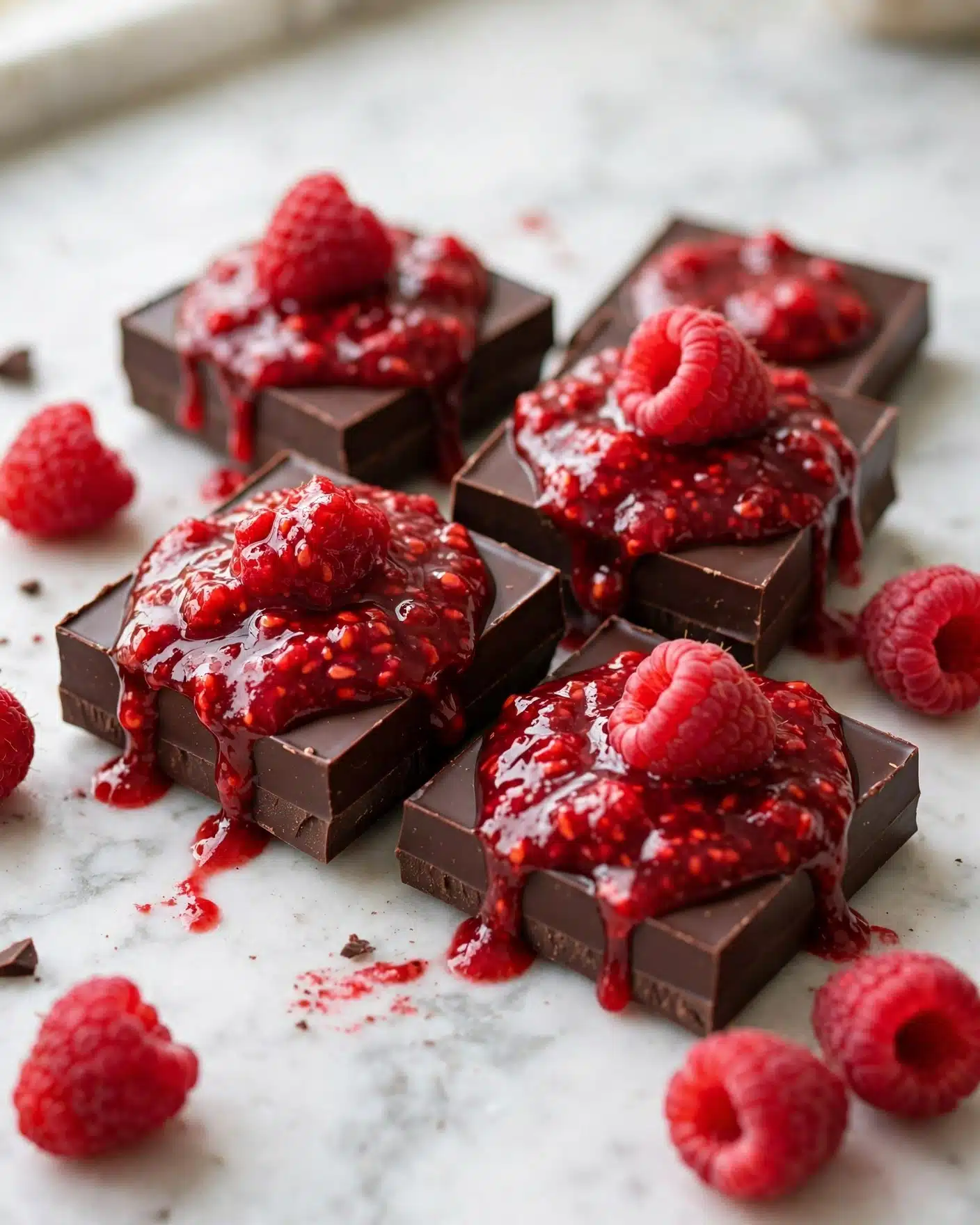 Raspberry Swirl Fudge Recipe 5 The image shows several square pieces of dark chocolate layered with bright red raspberry sauce. Each piece has a smooth, firm dark brown top layer with the glossy, slightly chunky raspberry sauce spread unevenly over it, dripping down the sides. Fresh, plump red raspberries are placed on top and around the chocolate squares, creating a rich contrast between the dark chocolate and vibrant berries. All pieces rest on a white marbled surface, with the textures and colors looking fresh and appetizing. photo taken with an iphone --ar 4:5 --v 7