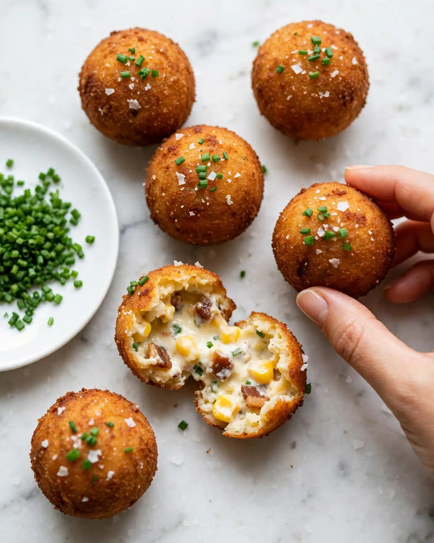 Fried Mashed Potato Balls Recipe 5 The image shows several round, golden-brown fried balls with a crispy texture, each topped with small green chive pieces and a few flakes of white salt. One of the balls is opened to show a creamy interior with visible bits of yellow corn and small brown pieces, likely bacon, mixed in. The balls are placed on a white marbled surface, with a white plate nearby holding fresh green chopped chives. A woman's hand is holding one of the balls gently. photo taken with an iphone --ar 4:5 --v 7