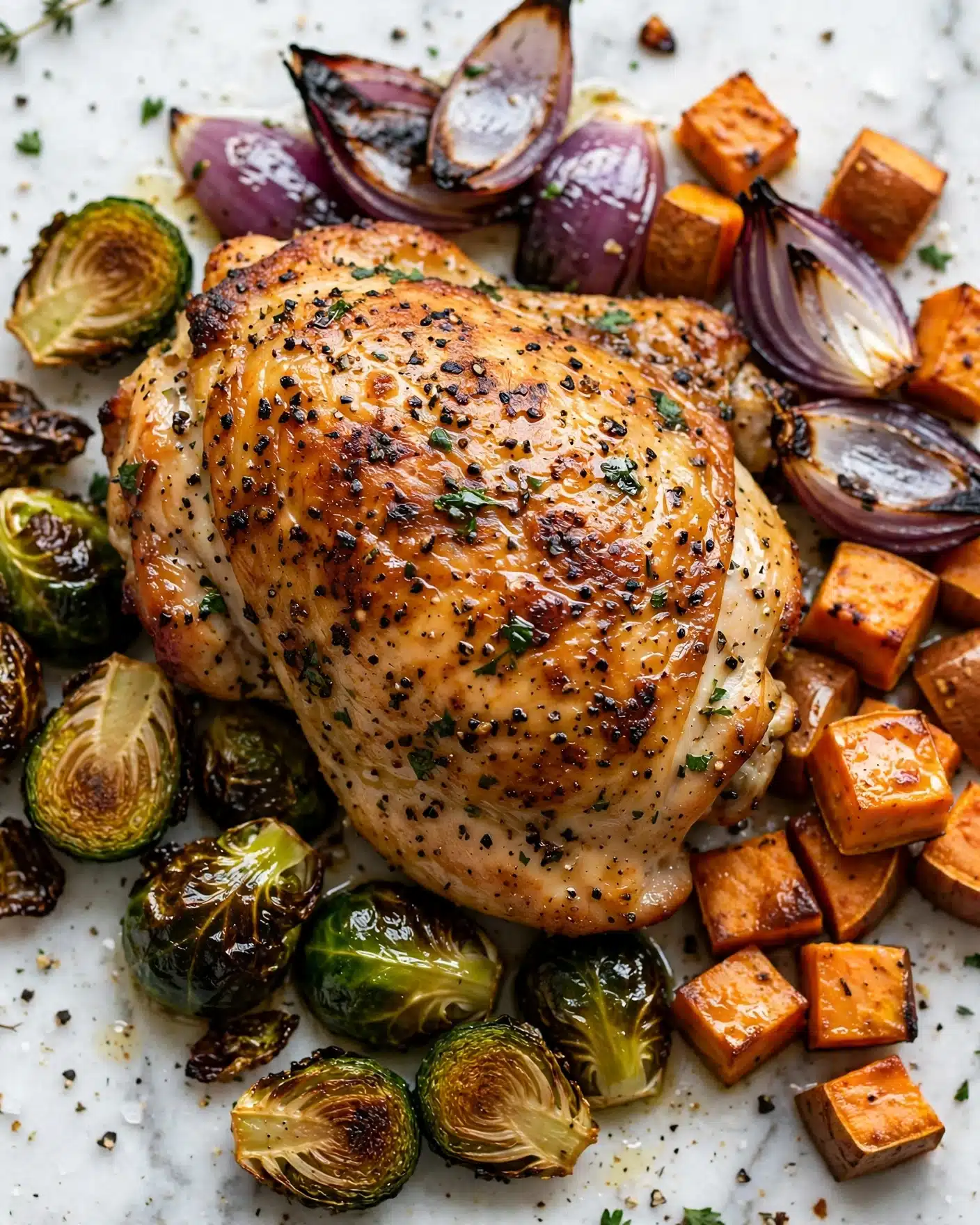 The image shows a close-up of a single piece of golden-brown roasted chicken on a white marbled surface, surrounded by roasted vegetables. The chicken has a crispy, slightly charred skin speckled with black pepper and small green herb bits. Around it, there are caramelized brussels sprouts with darkened, crispy edges, orange cubes of roasted sweet potatoes, and wedges of roasted onion showing purple and white layers. All ingredients appear glossy with a light coating of oil or juices, creating a rich and inviting texture. photo taken with an iphone --ar 4:5 --v 7