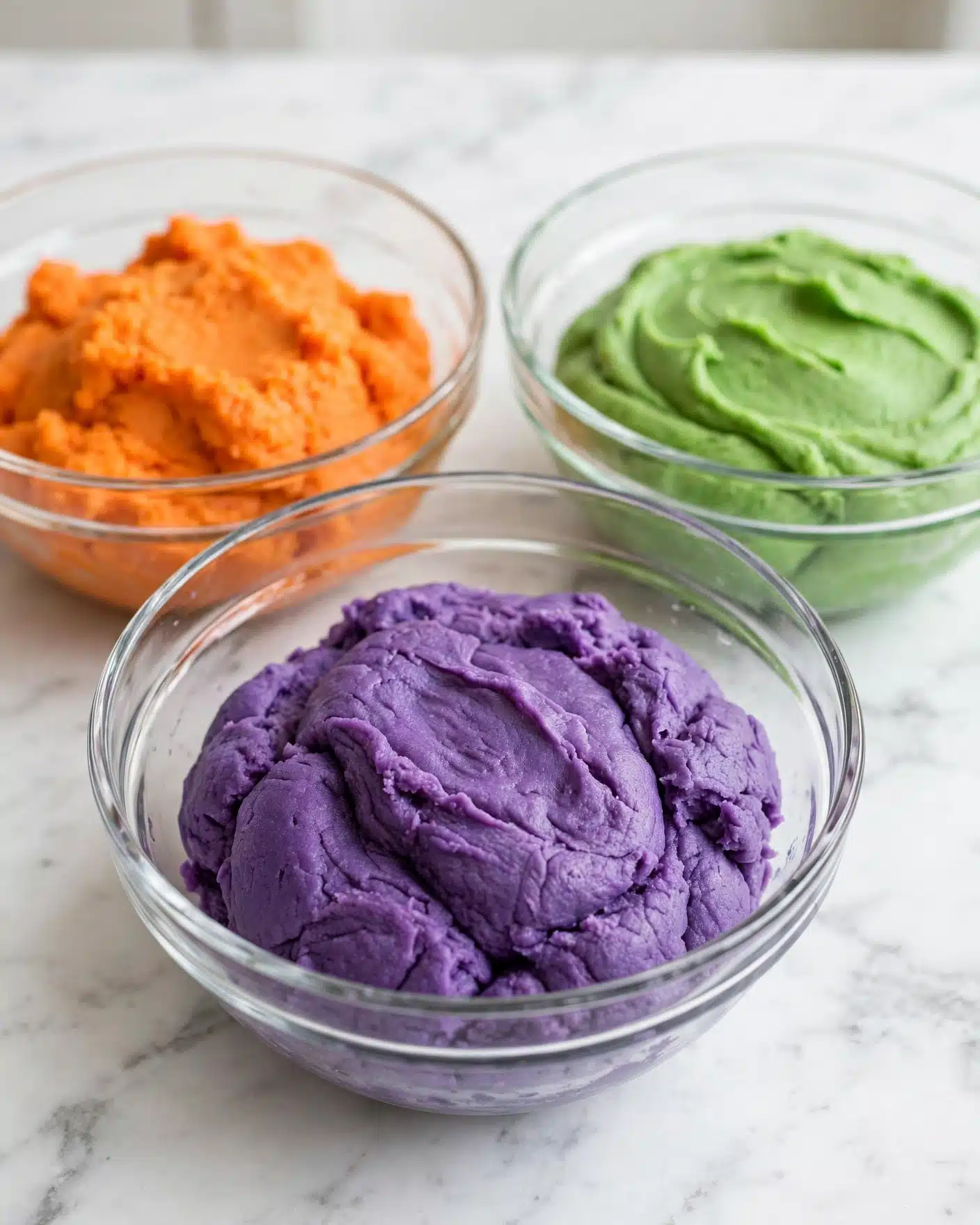 Monster Cookies Recipe 4 Three clear glass bowls sit on a white marbled surface, each filled with a smooth, soft dough or paste. The bowl in the front center holds a vibrant purple dough with a slightly rough but moist texture and some folds visible on top. Behind it, to the right, a second bowl contains bright green dough with a creamy, smooth look and gentle spoon marks on its surface. To the left behind the purple dough, the third bowl is filled with bright orange dough, which looks soft and thick with a lightly uneven surface. The overall image is bright and clean, focusing on the colorful doughs in the clear bowls. photo taken with an iphone --ar 4:5 --v 7
