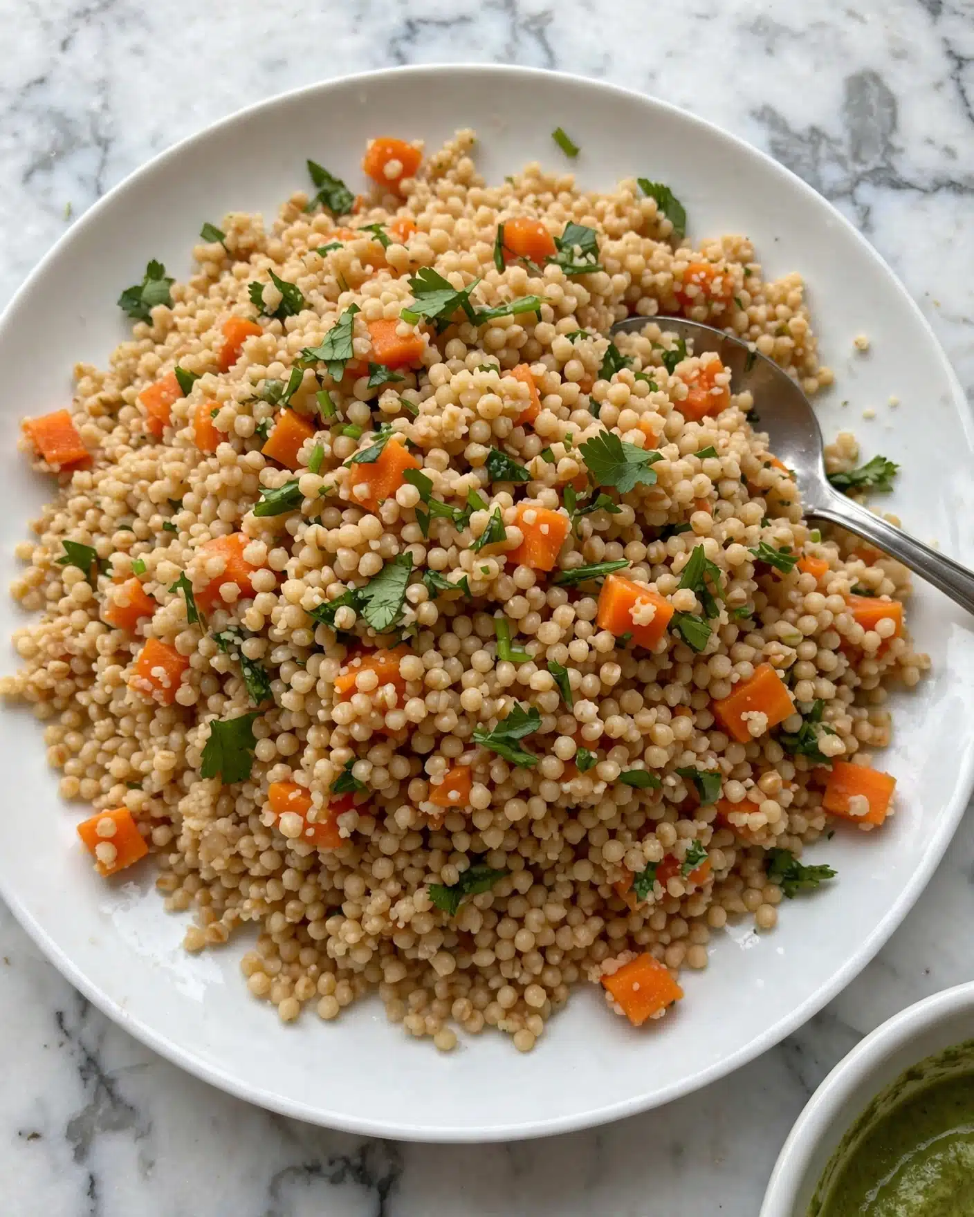A white plate is filled with a mixed grain salad that has three main layers: small tan grains making up the base, chopped orange vegetables scattered throughout, and small pieces of green herbs sprinkled on top. The grains have a soft texture, while the vegetables add a slightly firmer look. A silver spoon rests inside the plate on the right side, and the plate is placed on a white marbled surface. In the bottom right corner, part of a white bowl with green sauce is visible. photo taken with an iphone --ar 4:5 --v 7