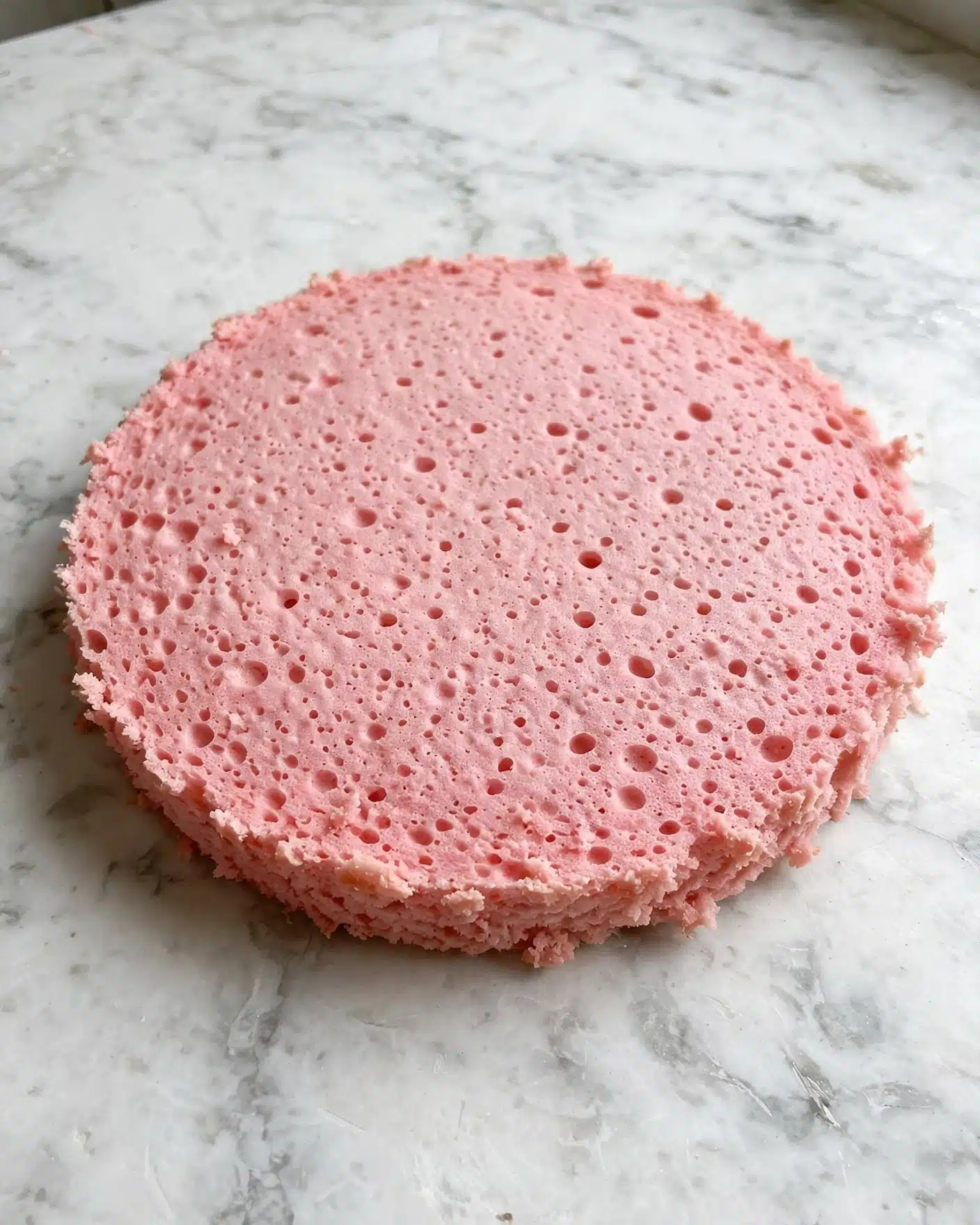 Strawberry Cake Pops Recipe 4 A single round cake layer with a pink color sits centered on a white marbled surface. The cake has a soft, porous texture with small holes all over its surface, showing a light spongy quality. The layer is even and smooth on top, with a slightly rough edge around the side. photo taken with an iphone --ar 4:5 --v 7