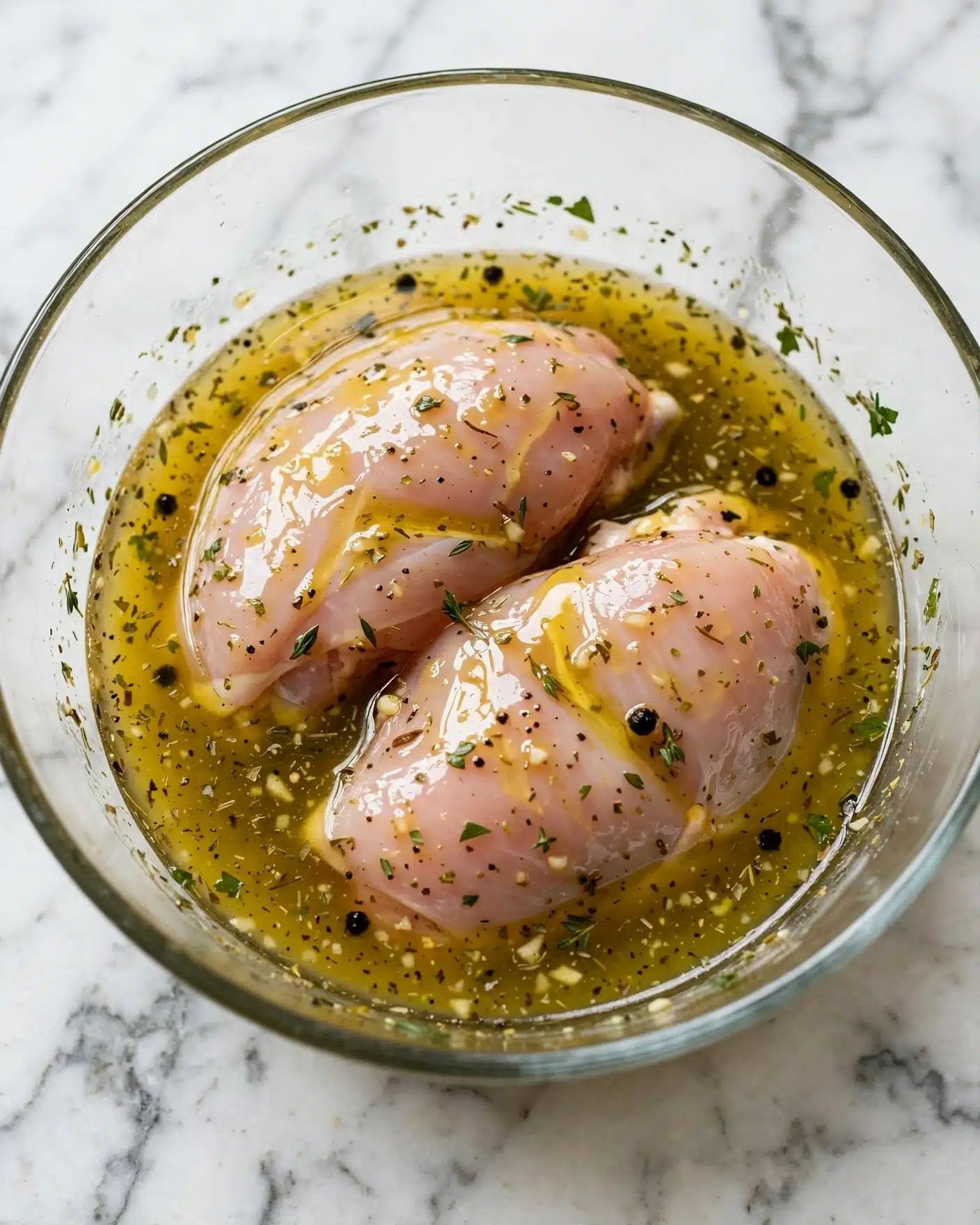 Two raw chicken pieces sit inside a clear glass bowl filled with a yellowish liquid marinade speckled with herbs and black pepper. The chicken pieces are pale pink with a shiny, moist surface from the marinade. The bowl rests on a white marbled surface. photo taken with an iphone --ar 4:5 --v 7