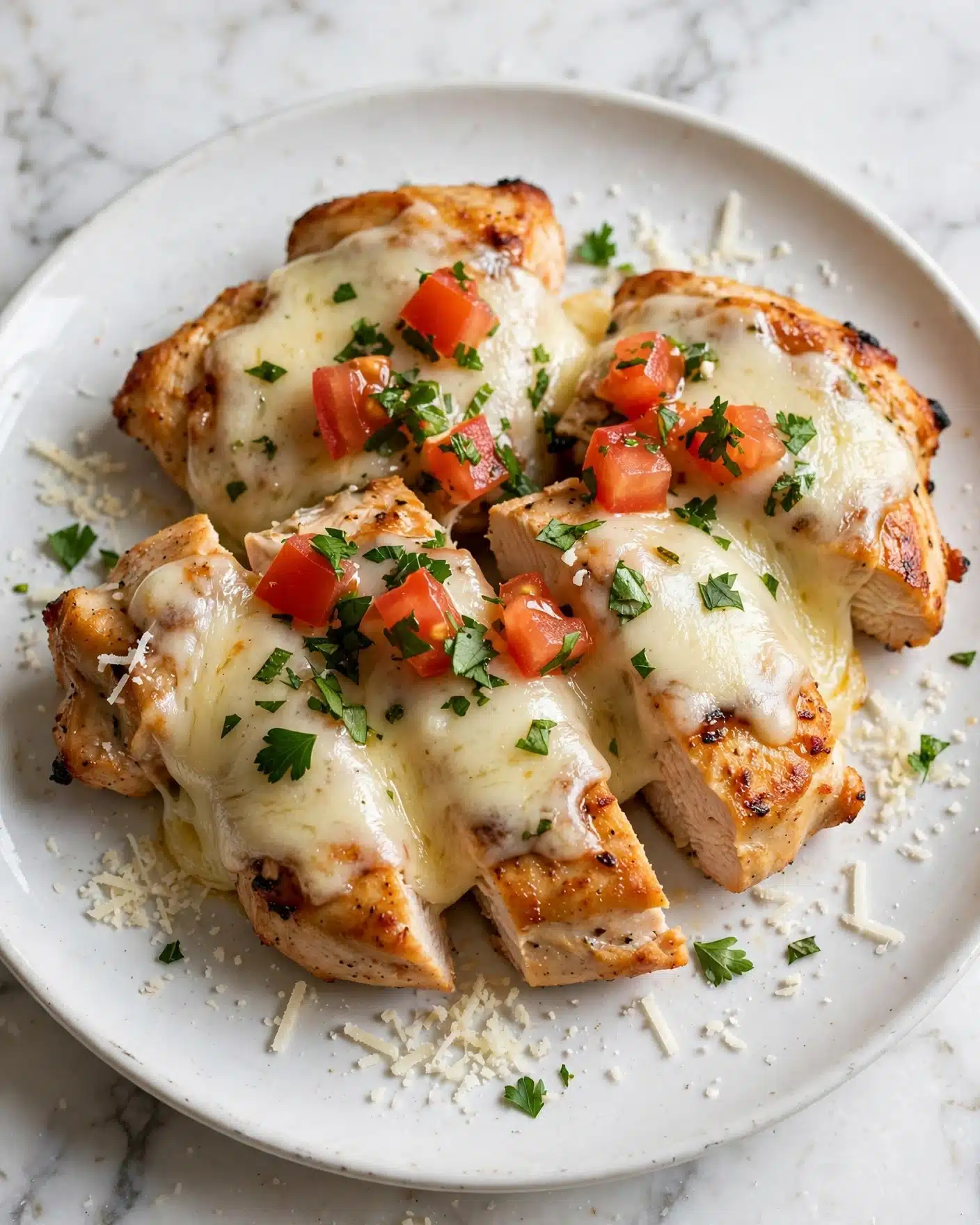 The image shows two pieces of grilled chicken on a white plate, each topped with a thick layer of melted white cheese. On top of the cheese, there is a bright mix of diced red and orange tomatoes scattered all over, mixed with small green basil pieces. Around the chicken and on the plate, there are several whole green basil leaves. The plate sits on a white marbled surface. The photo taken with an iphone --ar 4:5 --v 7
