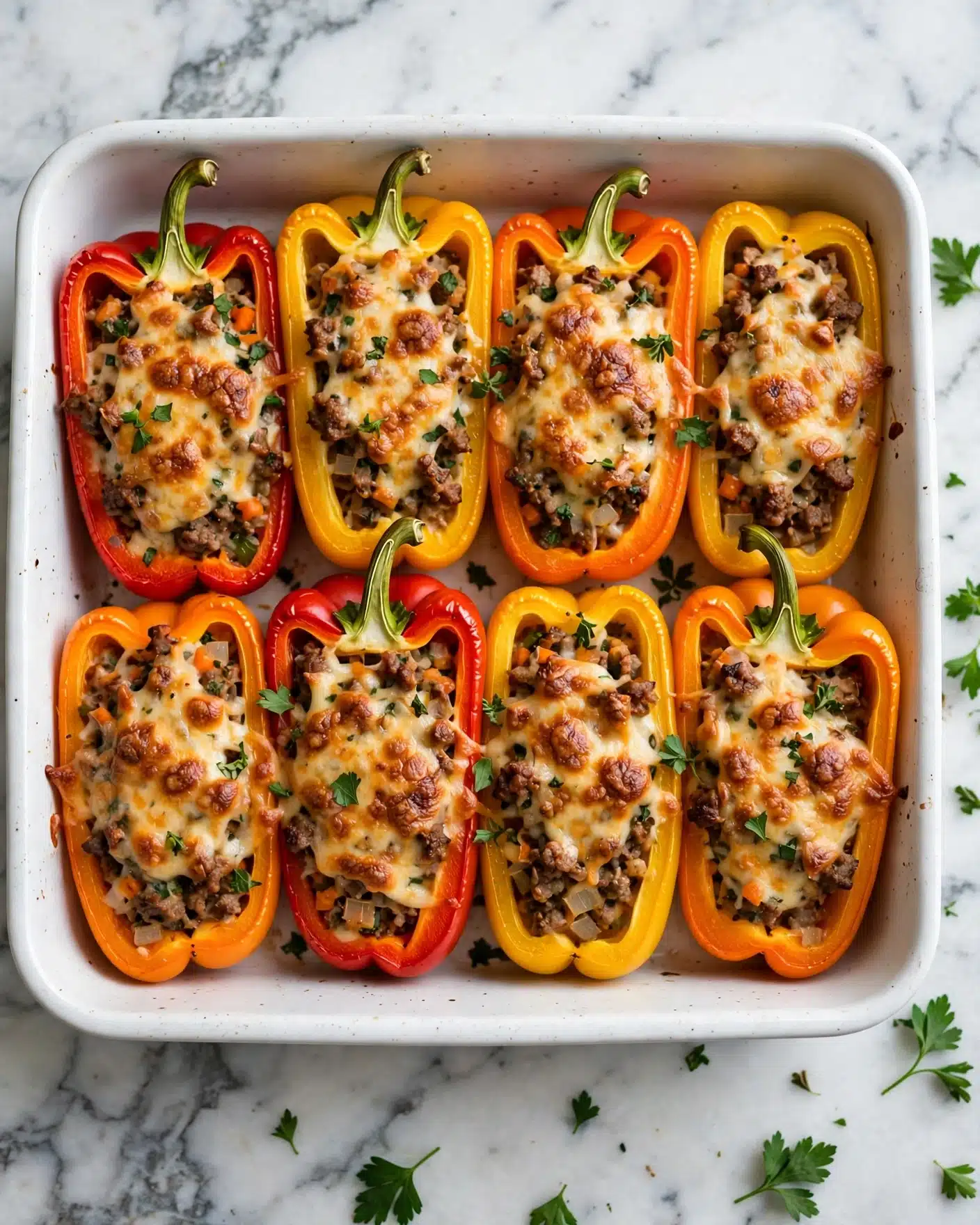 Delicious Stuffed Peppers Recipe 5 The image shows three stuffed bell pepper halves on a white plate placed on a white marbled surface. The peppers include one red and two yellow halves, each filled with a brown textured ground meat mixture mixed with small bits of tomato and herbs. On top of the filling is a layer of melted light golden cheese, slightly browned and bubbly, with some green herb leaves as garnish. The stems of the peppers are still attached, and extra green herb leaves are scattered around the plate. A striped cloth napkin and a fork are visible near the bottom left corner. Photo taken with an iphone --ar 4:5 --v 7