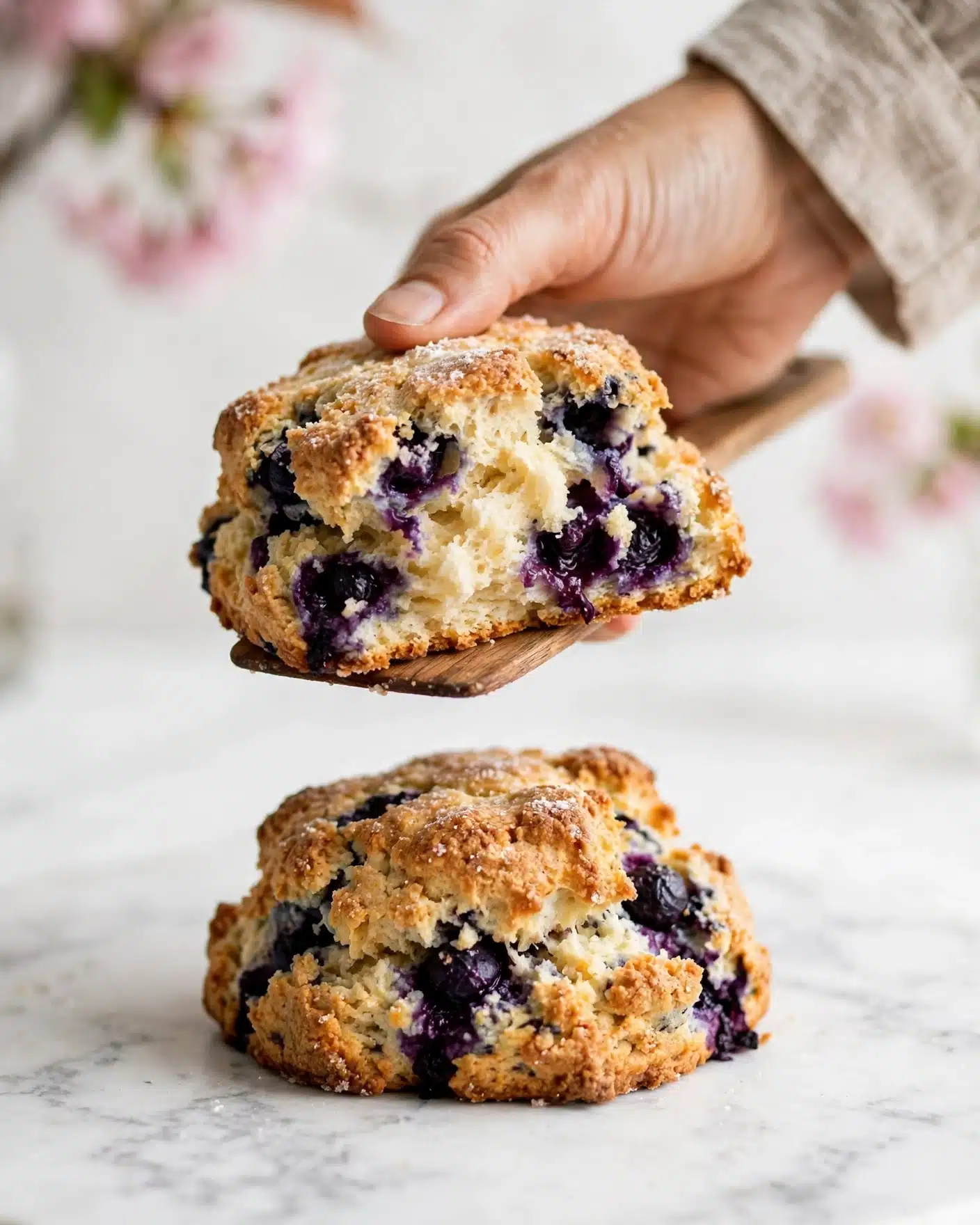 Low Fat Blueberry Scones Recipe 5 The image shows two blueberry scones stacked on top of each other against a soft white background. The bottom scone sits fully on a white marbled surface with visible dark purple blueberries peeking through its crumbly, golden-brown crust. The top scone is held above the bottom one by a woman's hand holding a wooden spatula, revealing the fluffy, pale-yellow inside with juicy blueberries bursting through. The texture of the scones is rough and rustic, with a light sprinkle of sugar on top. Some blurred pink flowers are in the background adding a soft touch. photo taken with an iphone --ar 4:5 --v 7