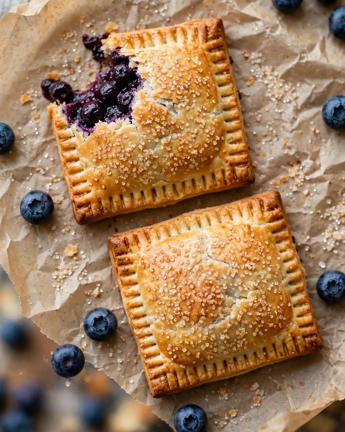 Gluten-Free Blueberry Pop Tarts Recipe 5 The image shows a close-up view of a fried pastry cut in half to reveal its layers. The outside is golden brown and crisp, covered with granulated sugar crystals that add texture and shine. Inside, the thick middle layer is filled with a dark purple, shiny, and slightly chunky blueberry filling. The pastry layers are flaky and light beige with a soft crumb inside. The photo focuses tightly on the stacked halves of the pastry with a white marbled texture in the background. photo taken with an iphone --ar 4:5 --v 7