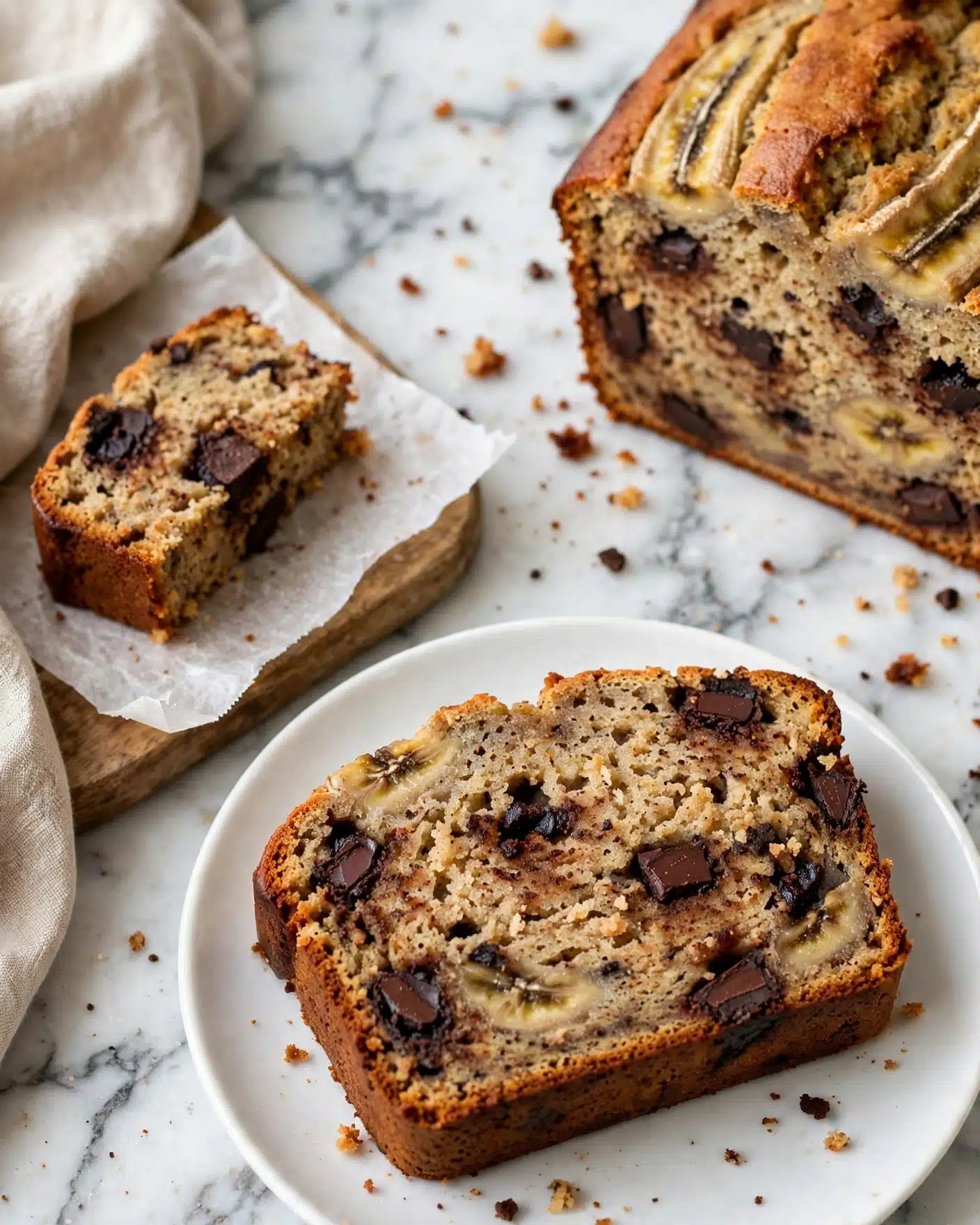 Healthy Banana Bread Recipe 4 A rectangular banana bread loaf with a golden brown, textured crust sits on crinkled white parchment paper over a light wooden board. The top layer features sliced banana pieces, lightly browned and slightly caramelized, scattered evenly with a sprinkle of coarse sugar glistening on the surface. Around the loaf, there is a white cup with frothy coffee visible, two whole yellow bananas, a folded beige cloth, a white marbled surface with cinnamon powder scattered, and a knife with a light brown handle near the bottom left. Photo taken with an iphone --ar 4:5 --v 7