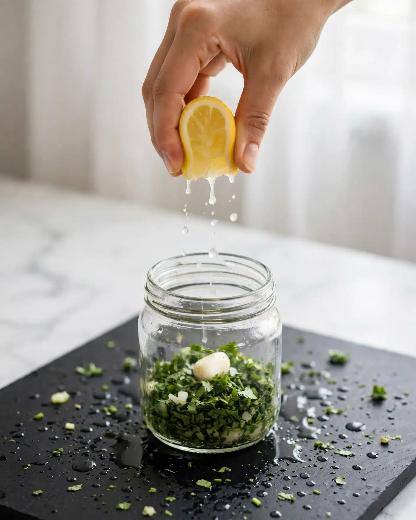 A woman's hand is squeezing a bright yellow lemon slice above a clear glass jar that sits on a black cutting board with some water droplets and bits of green herbs scattered on it. Inside the jar, there are layers of chopped green herbs at the bottom and a small white clove of garlic resting on top of them. The background is a soft white marbled texture with a blurred white curtain in the distance. The scene looks fresh and clean with natural light shining through. photo taken with an iphone --ar 4:5 --v 7
