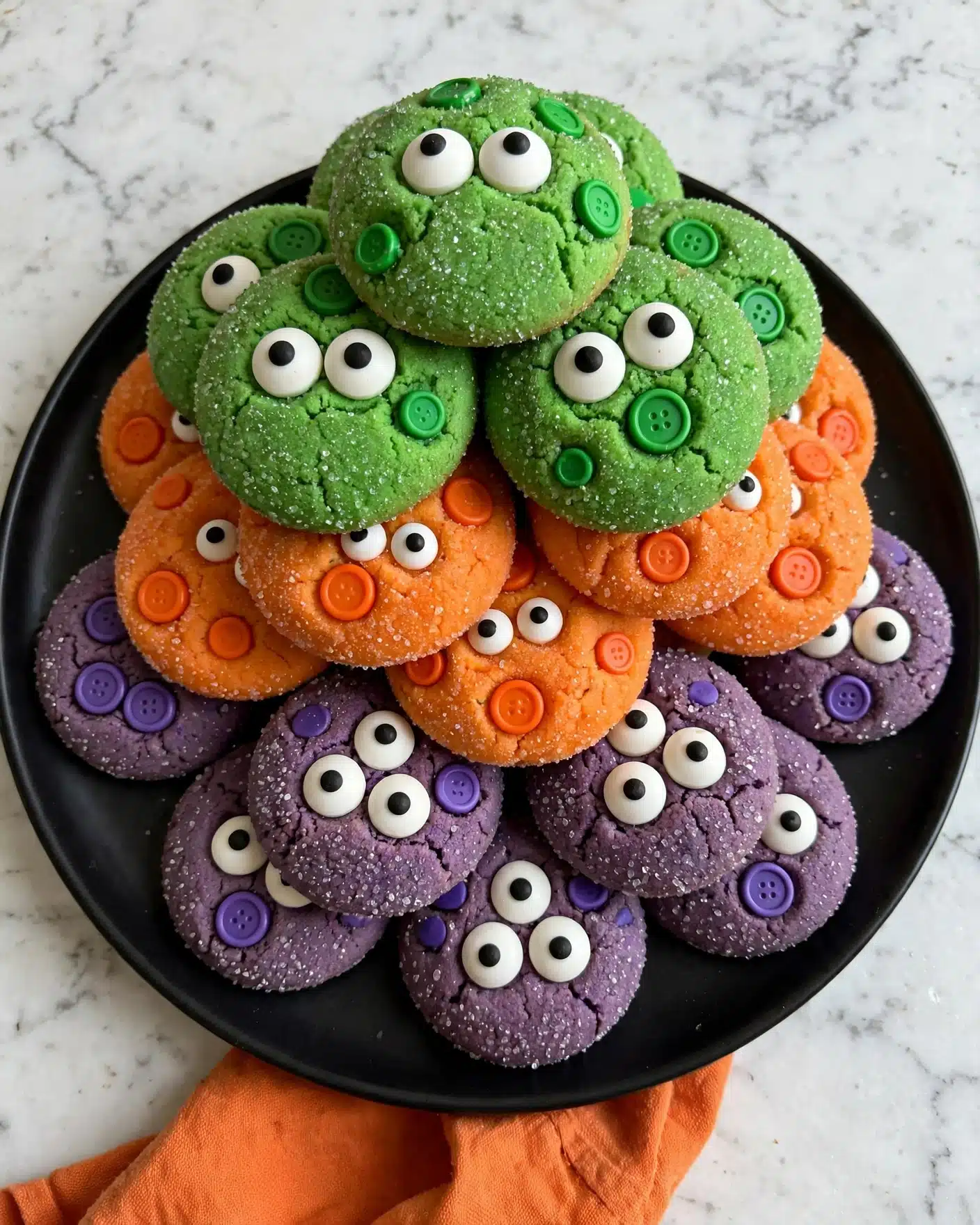 Monster Cookies Recipe 5 A black round plate filled with three different colors of round cookies stacked in layers: bright green cookies with green candy buttons and large white candy eyes with black centers; orange cookies with orange candy buttons and smaller white candy eyes with black centers; and purple cookies with purple candy buttons and white candy eyes, some having three eyes and some two. The cookies have a sugar-coated texture, and the plate is placed on a white marbled surface with an orange cloth partially visible at the bottom. photo taken with an iphone --ar 4:5 --v 7