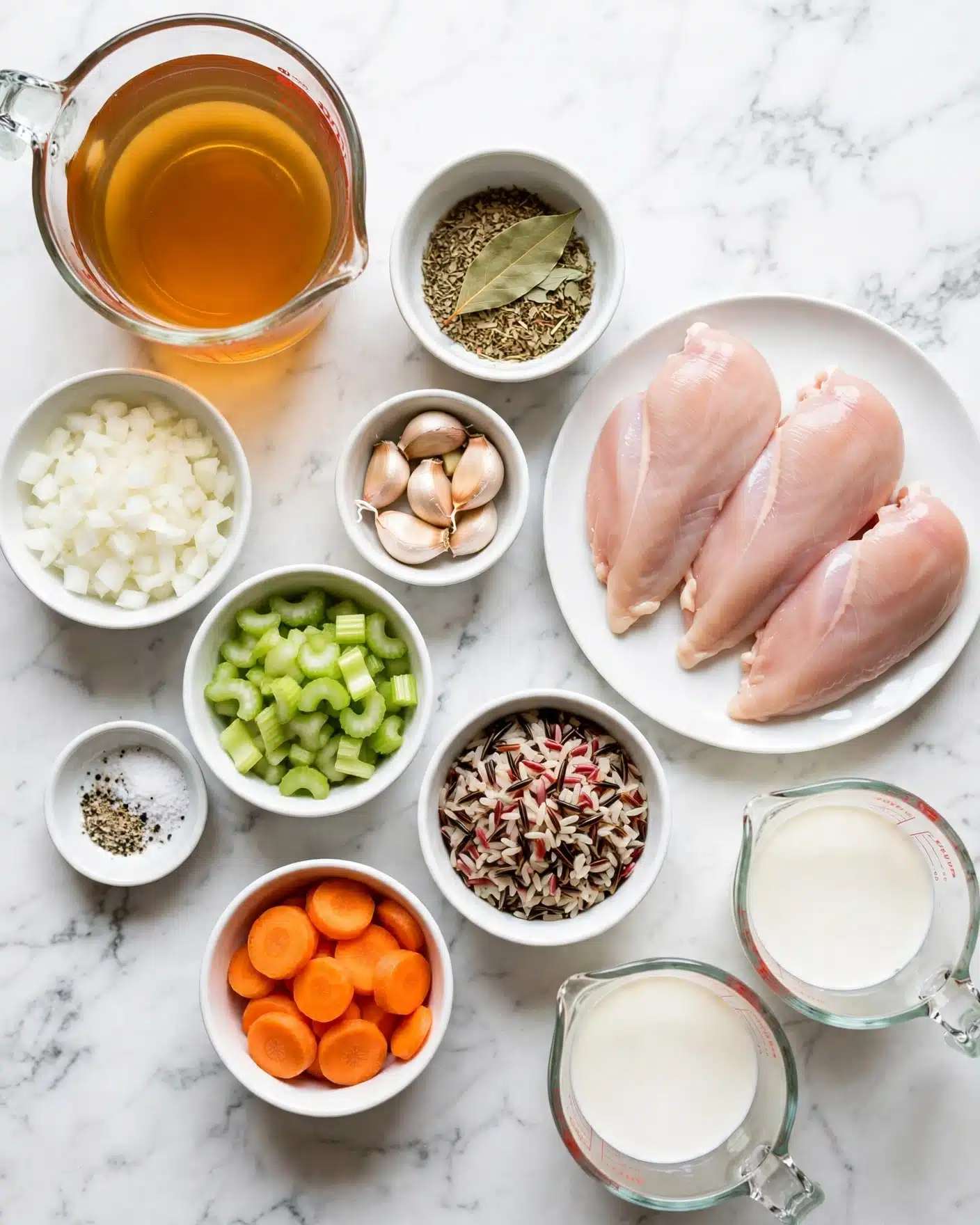 Creamy Crockpot Chicken Wild Rice Soup Recipe 4 The image shows multiple small white bowls and glass measuring cups placed on a white marbled surface. In the center right, three raw chicken pieces with a smooth, pale pink texture lie on a white plate. Above them, a small white bowl contains mixed dried herbs and a green bay leaf. To the left of that, another white bowl holds chopped celery, a light green with a slightly glossy texture. Below the herbs, a small bowl has whole garlic cloves with a shiny beige skin. Below the celery, a bowl contains wild rice mix, with shades of dark brown, white, and red. Near the center bottom, a white bowl is filled with bright orange carrot slices that are smooth and round. To the left, a small bowl has finely chopped white onions, which look soft and slightly translucent. Below the onions, a tiny bowl holds coarse salt and black pepper. At the top left, a glass measuring cup is filled with amber-colored broth. At the bottom right, two glass measuring cups contain white liquids, positioned near each other. The arrangement is neat and clean, showing fresh ingredients for a dish. Photo taken with an iphone --ar 4:5 --v 7