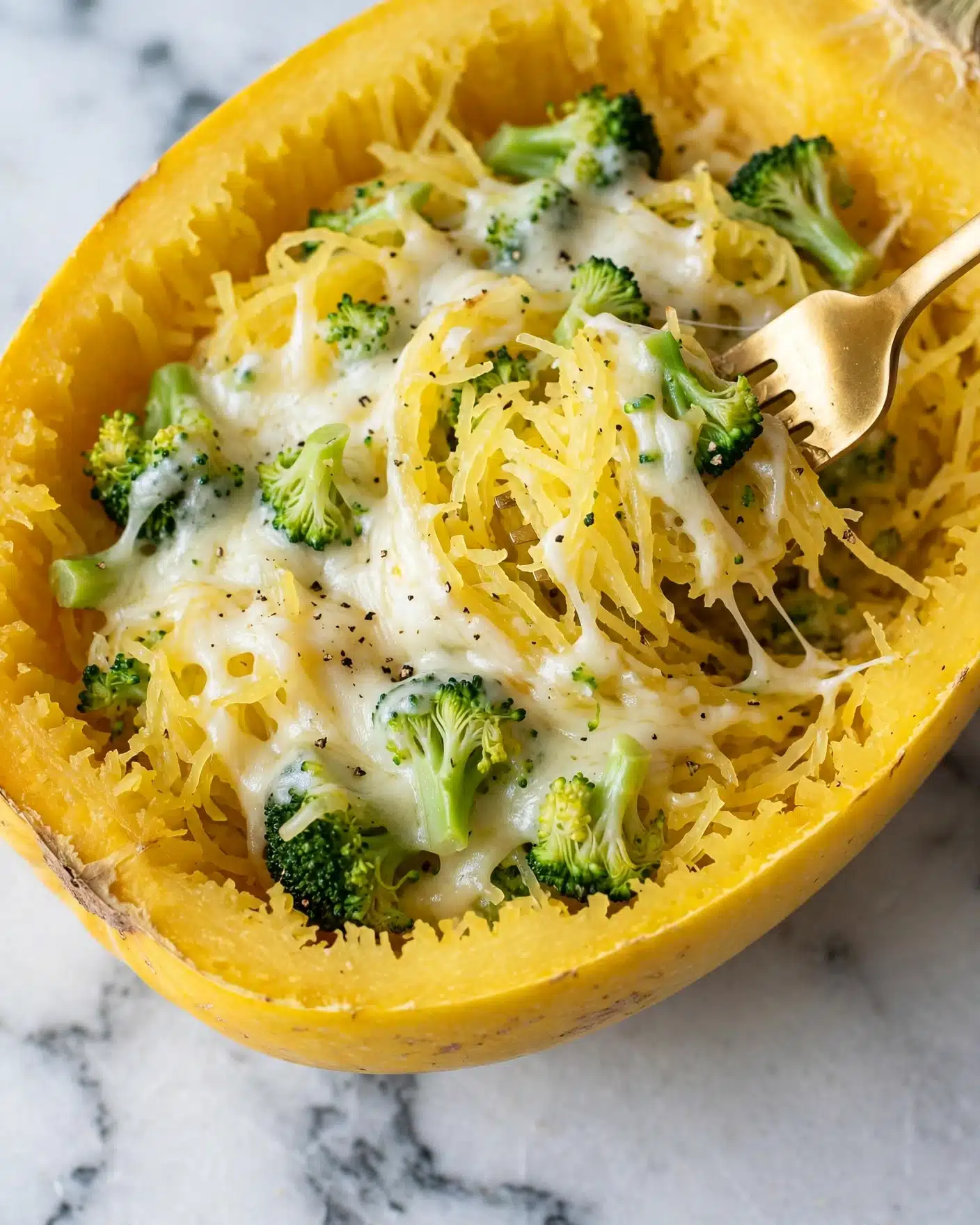 Cheesy Broccoli Spaghetti Squash Recipe 5 This image shows a close-up of a yellow spaghetti squash shell filled with a mix of spaghetti squash strands, green broccoli pieces, and melted white cheese. The strands of spaghetti squash are light yellow and tangled together with bright green broccoli florets scattered throughout. The melted cheese adds a creamy white layer that blends softly with the vegetables. Small specks of black pepper are sprinkled on top. A gold-colored fork is digging into the mixture, slightly lifting some of the cheesy squash and broccoli from the shell. The whole scene sits on a white marbled surface. photo taken with an iphone --ar 4:5 --v 7