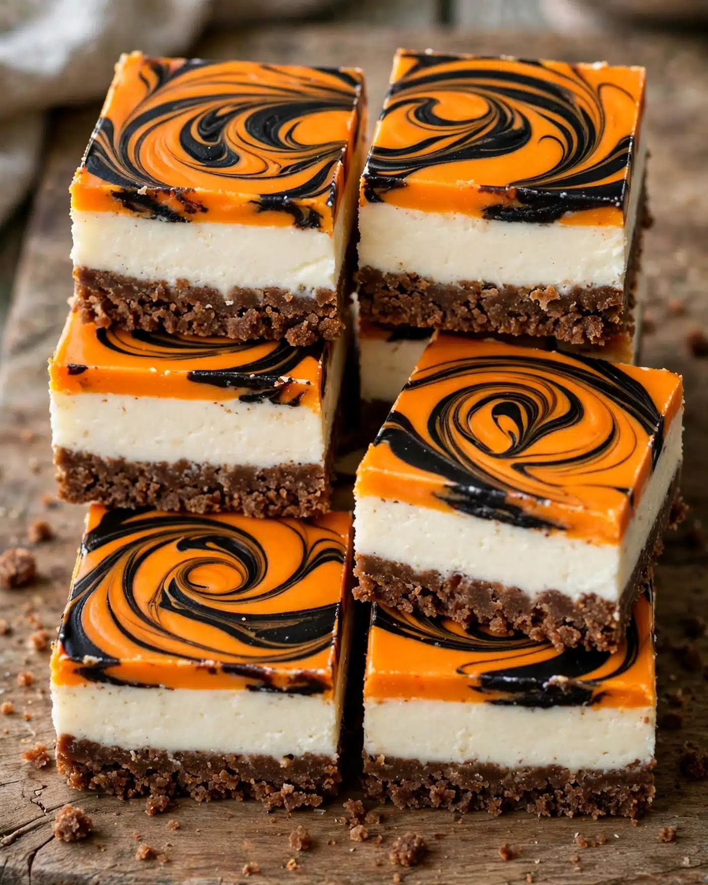 Spooky Cheesecake Bars Recipe 5 The image shows a close-up of a square cheesecake bar with three clear layers. The bottom layer is a dark, crumbly crust that is almost black in color. The middle layer is thick and creamy, off-white in color with a rich texture. The top layer has a smooth, marbled swirl pattern made of bright orange and black colors, giving it a vibrant and artistic look. In the background, several similar cheesecake bars are stacked on a wooden surface, slightly out of focus. The overall scene has a warm tone with a white marbled texture surface behind. photo taken with an iphone --ar 4:5 --v 7