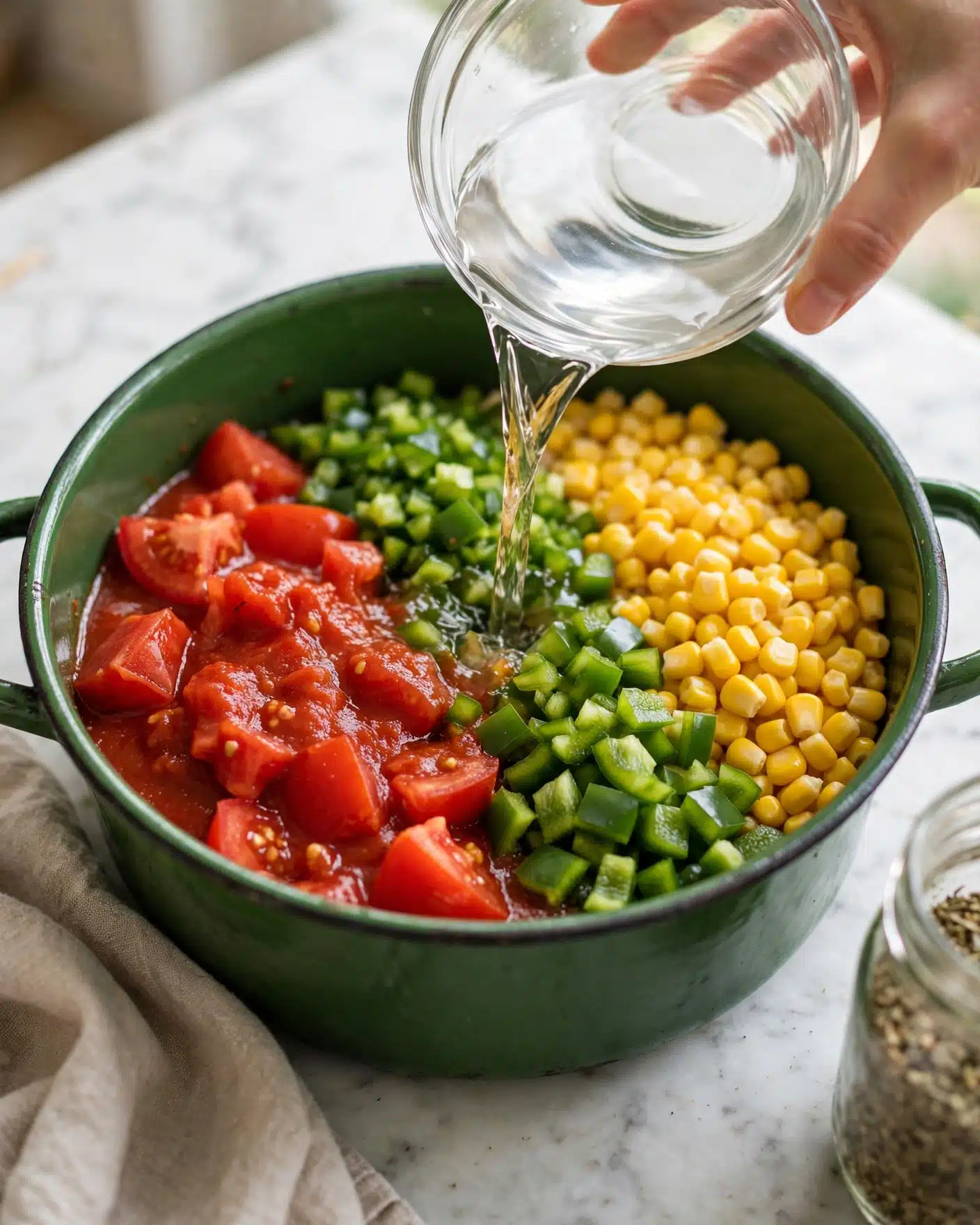 A close-up of a green cooking pot filled with three main layers: on the left, bright red tomato pieces and sauce; in the middle, chopped fresh green peppers; on the right, yellow corn kernels. A clear liquid is being poured into the pot from a clear glass bowl held by a woman's hand. The pot is placed on a white marbled surface with a beige towel and a jar partially visible nearby. The colors are vivid and the textures show chunky and moist ingredients, photo taken with an iphone --ar 4:5 --v 7