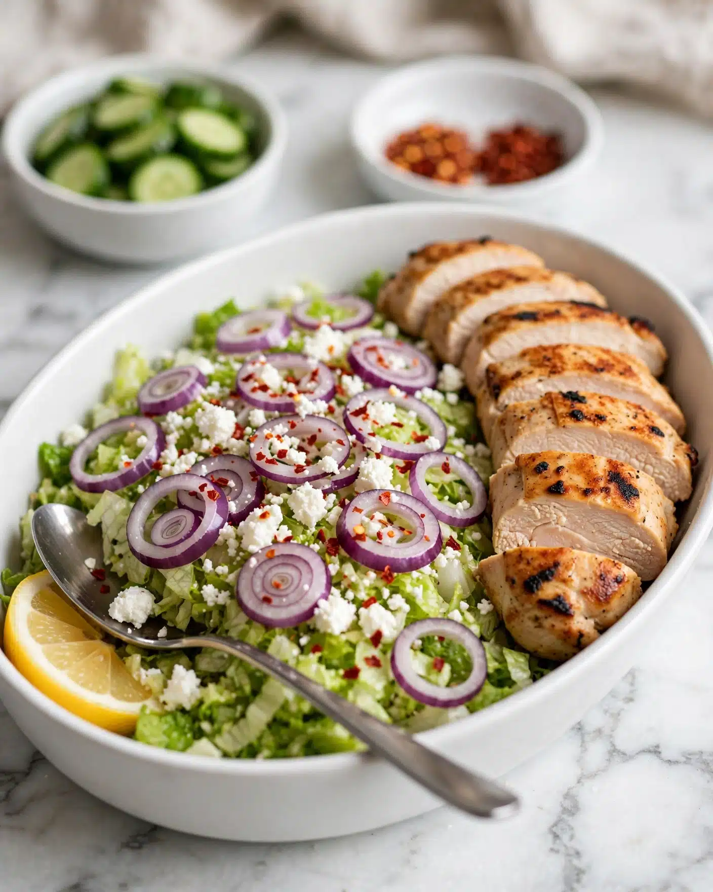 Greek Chicken Bowls with Tzatziki and Veggies Recipe 5 A white oval bowl filled with a salad featuring four main layers: a bottom layer of finely chopped light green lettuce, topped with thin rings of purple onion and sprinkled with red chili flakes, followed by a few crumbles of white cheese scattered across the top. On one side of the bowl, a row of thick, cooked chicken slices with a golden brown grilled surface is neatly arranged, showing the soft white interior. There is a lemon wedge partially visible in the bottom left corner. The bowl is set on a white marbled surface with a silver spoon resting inside. In the background, two small white bowls contain sliced green vegetables and crushed red chili flakes. The photo taken with an iphone --ar 4:5 --v 7