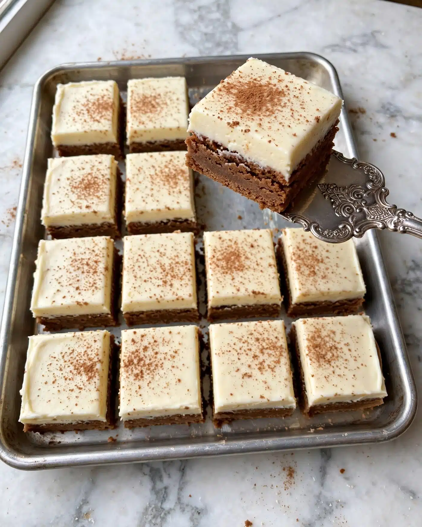 Easy Pumpkin Bars with Cream Cheese Frosting Recipe 5 A silver baking tray filled with twelve square pieces of a two-layer dessert, where the bottom layer is brown and soft-textured, and the top layer is a smooth and creamy white frosting dusted lightly with brown powder. One square piece is lifted on an ornate silver serving utensil, showing the thickness and texture of both layers clearly. The tray is placed on a white marbled surface. photo taken with an iphone --ar 4:5 --v 7